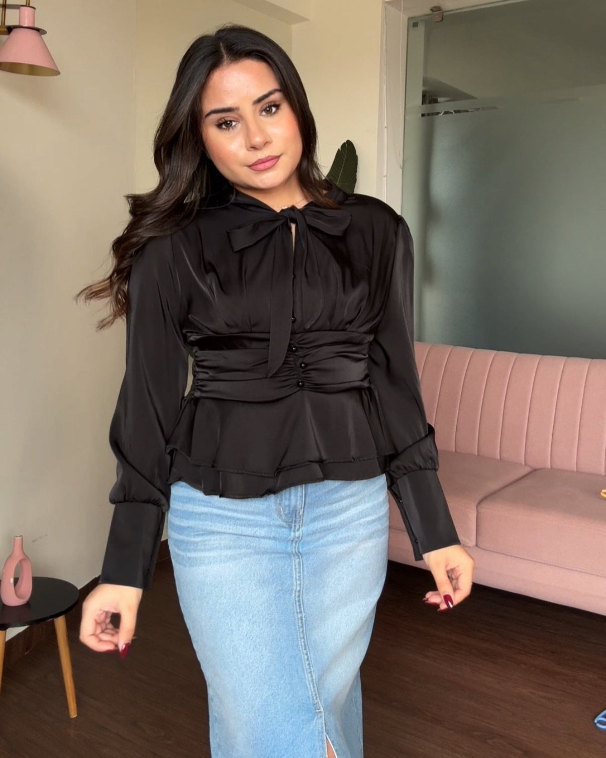 Tie Up Satin Peplum Korean Top