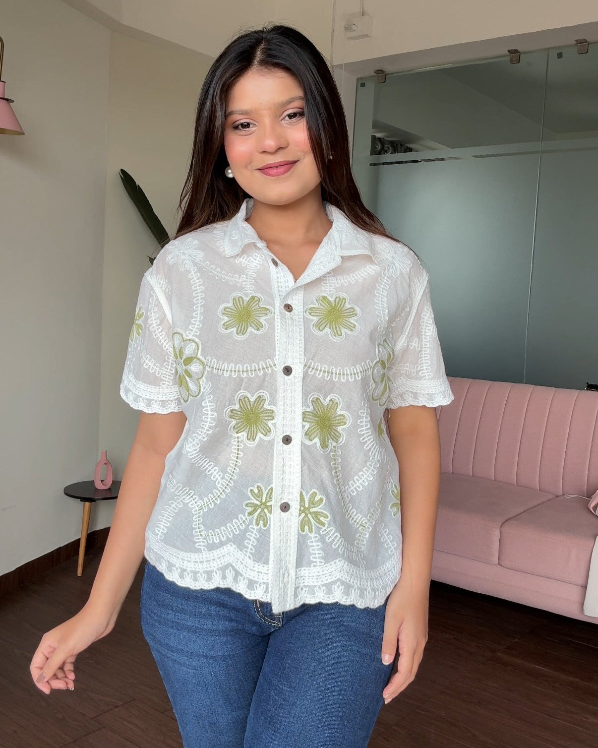Tissue Cotton Cut Sleeves Floral Embroidered Shirt