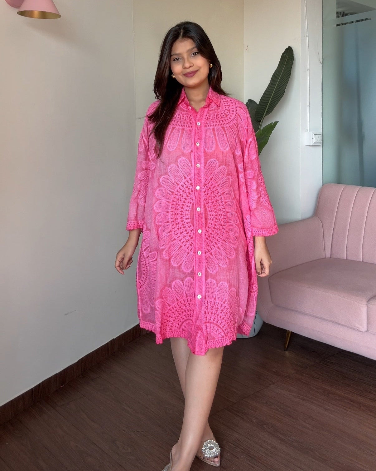 Tissue Cotton Floral Embroidery Button-Up Shirt Dress