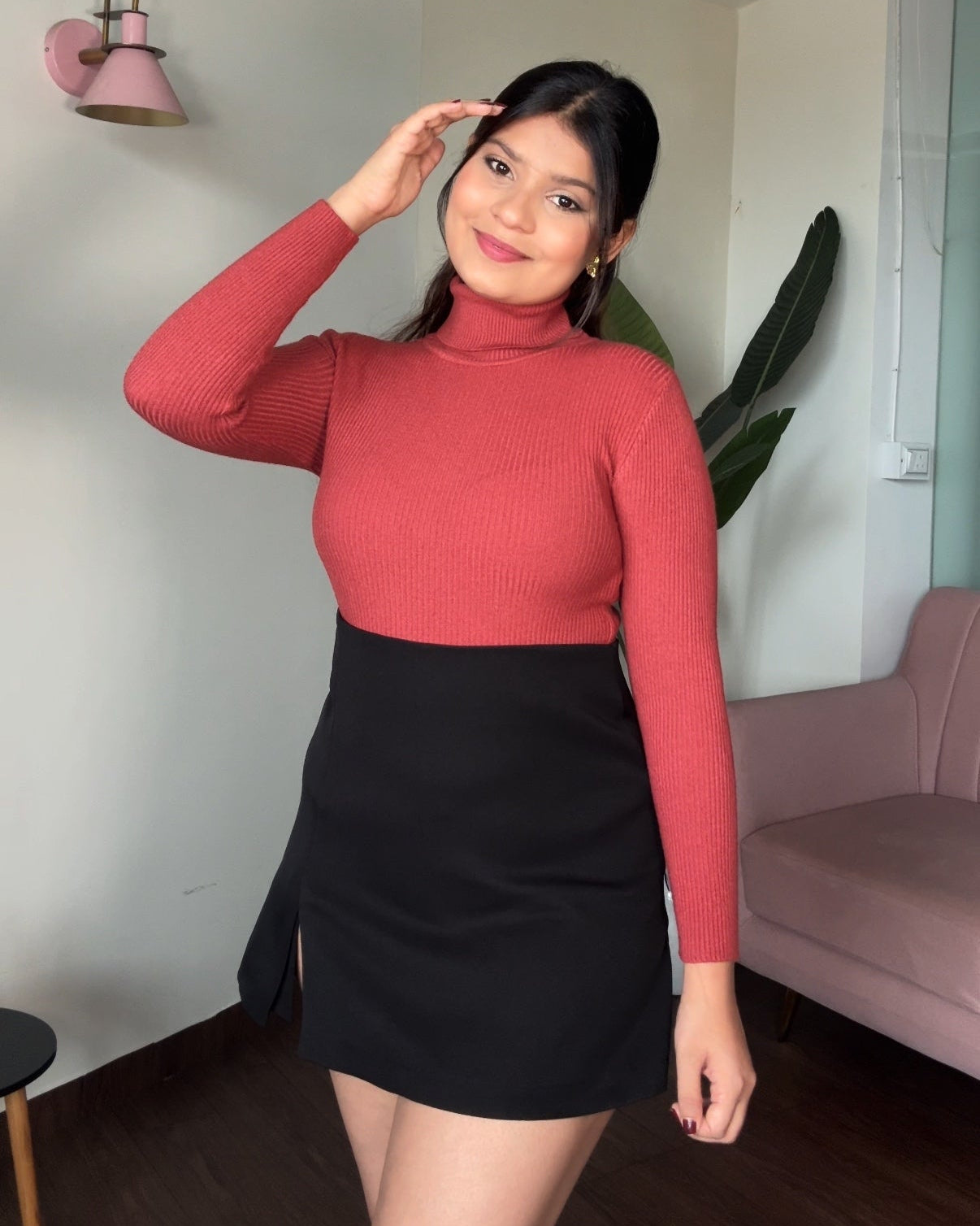 Turtle Neck Ribbed Knitted Fitted Top