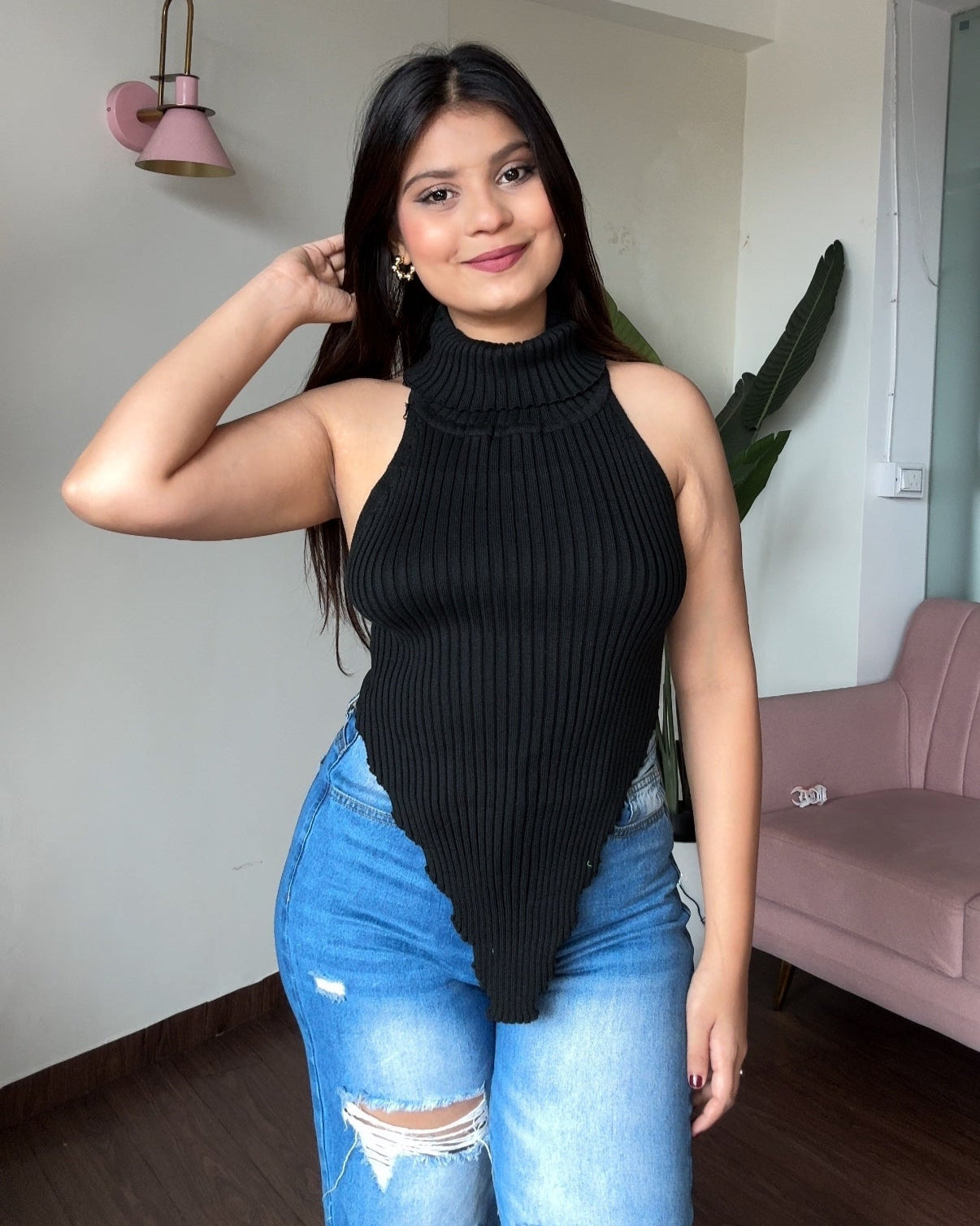 Turtleneck Ribbed Backless Top