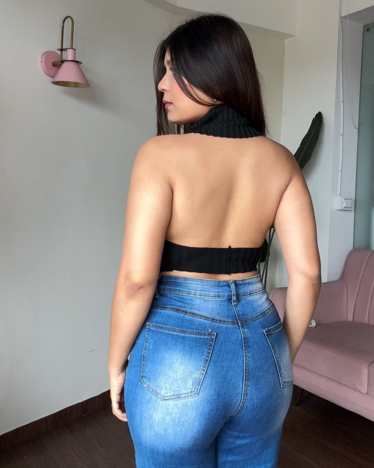 Turtleneck Ribbed Backless Top