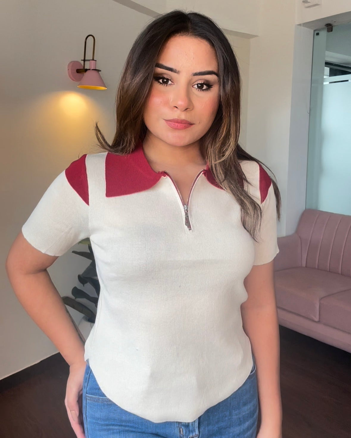 U Hem Zip Up Collared Top