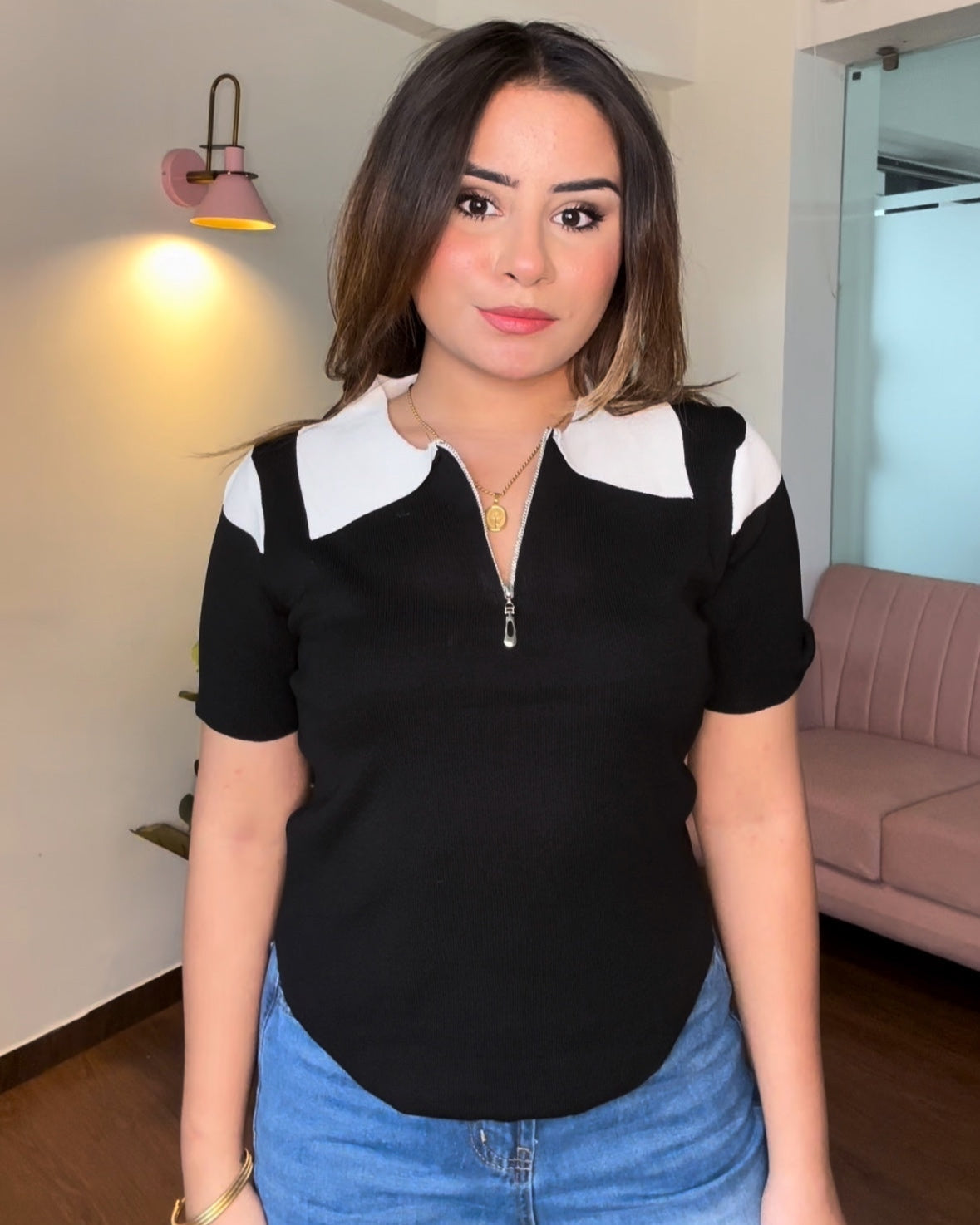 U Hem Zip Up Collared Top