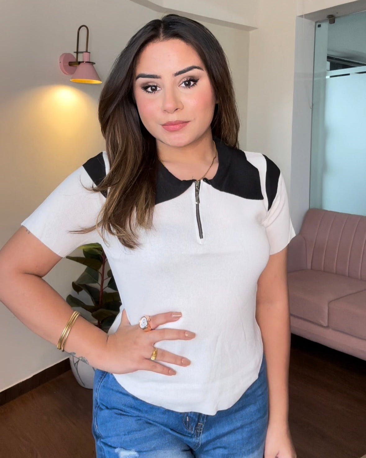 U Hem Zip Up Collared Top