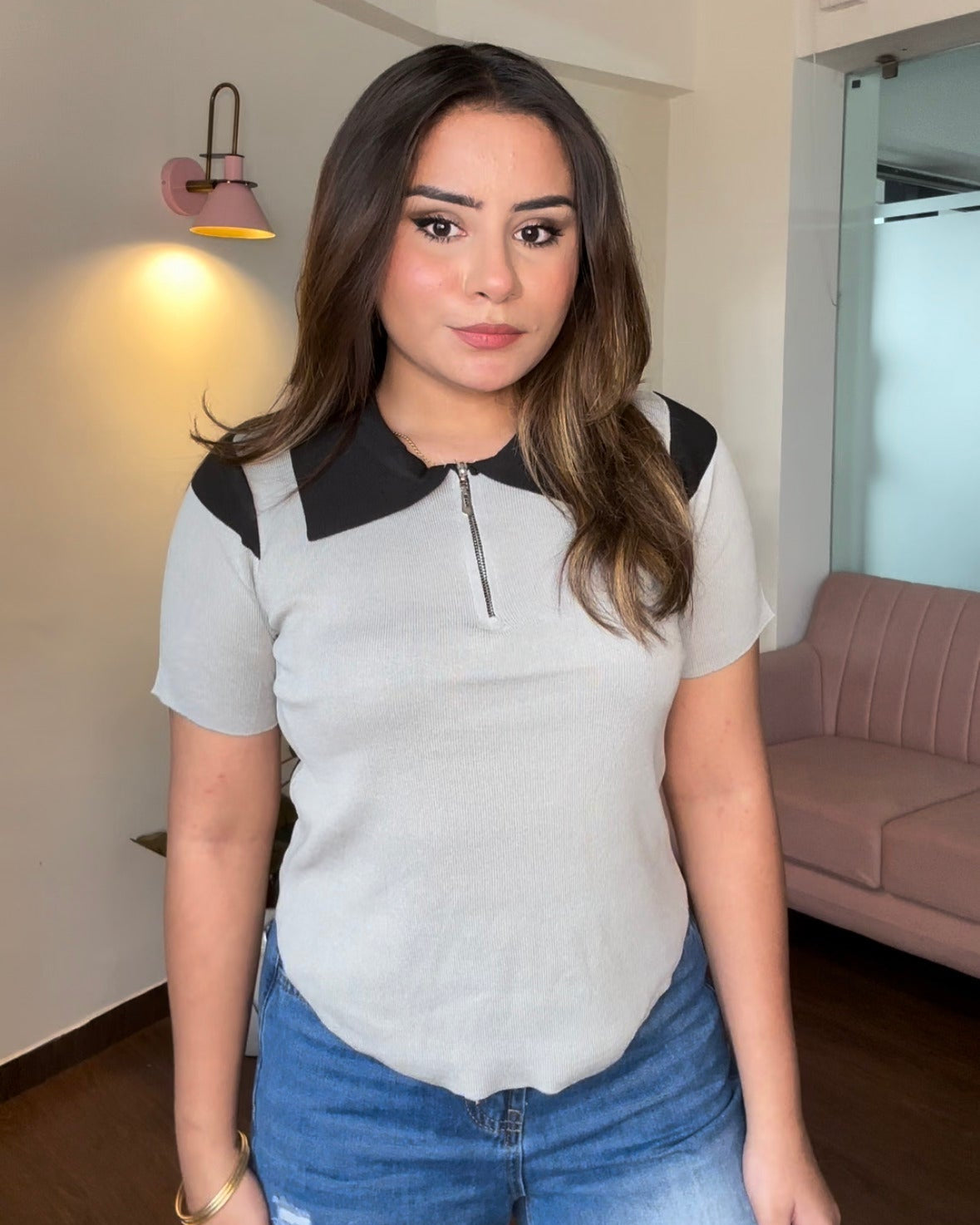 U Hem Zip Up Collared Top