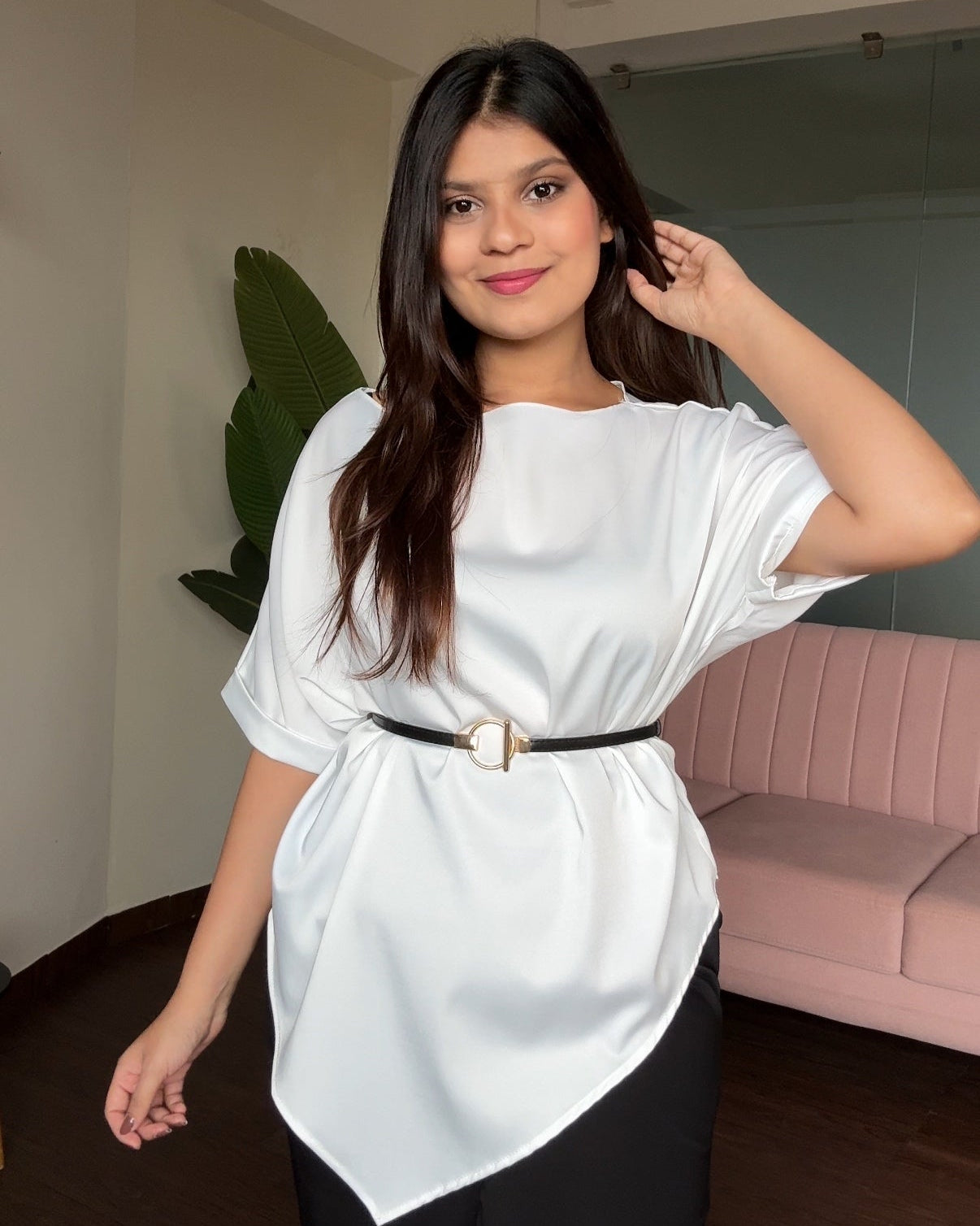 V Hem Cut Sleeve Blouse With Belt