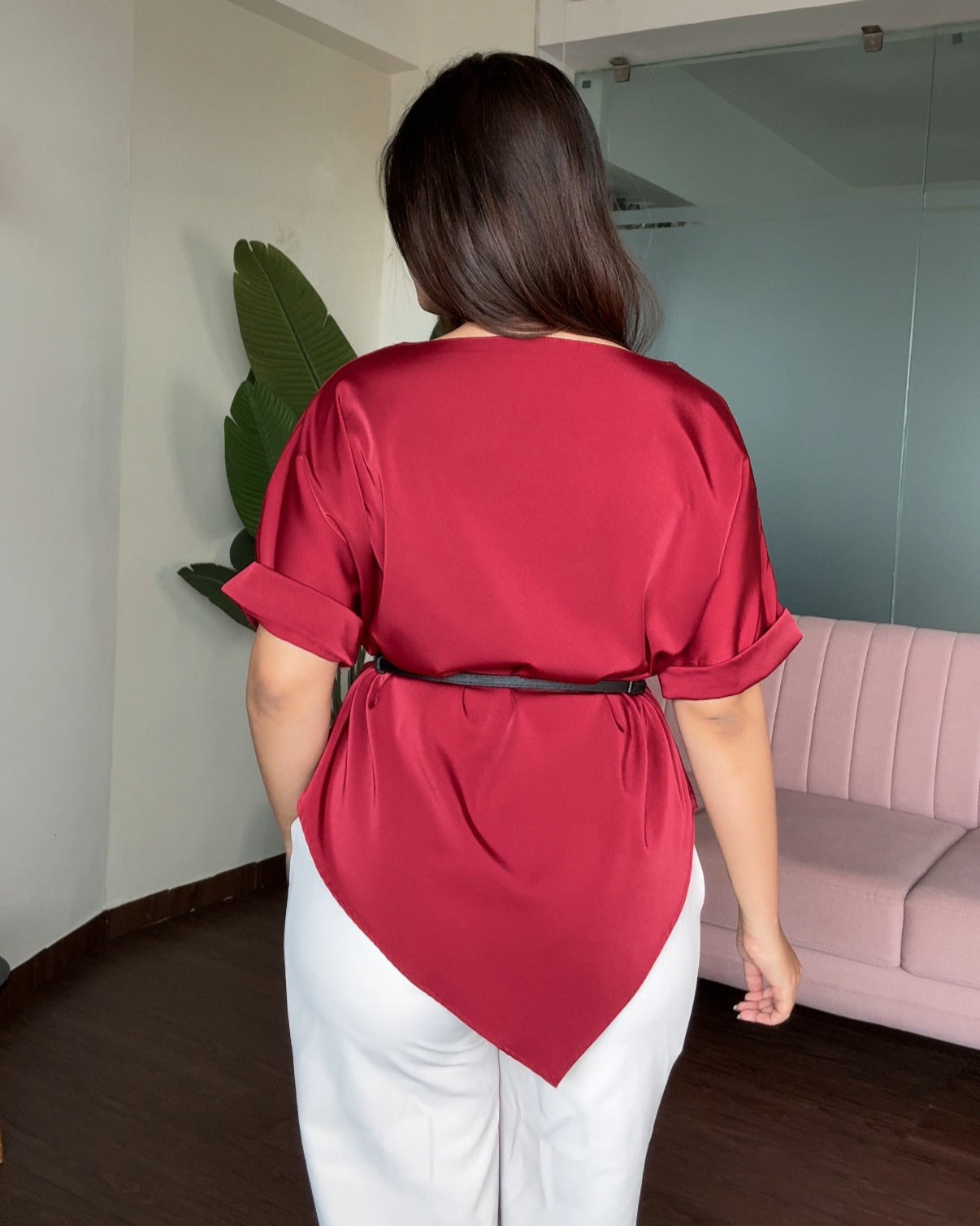 V Hem Cut Sleeve Blouse With Belt