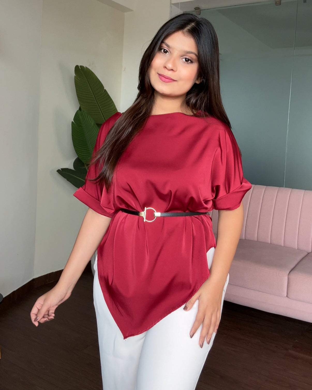 V Hem Cut Sleeve Blouse With Belt