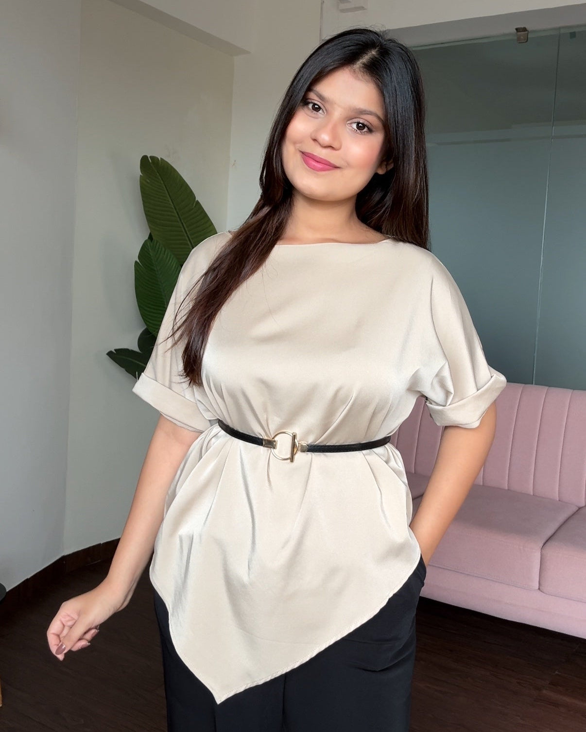 V Hem Cut Sleeve Blouse With Belt