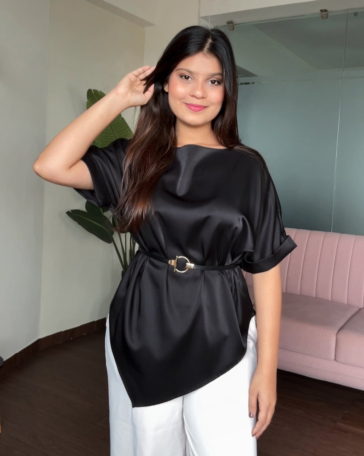 V Hem Cut Sleeve Blouse With Belt