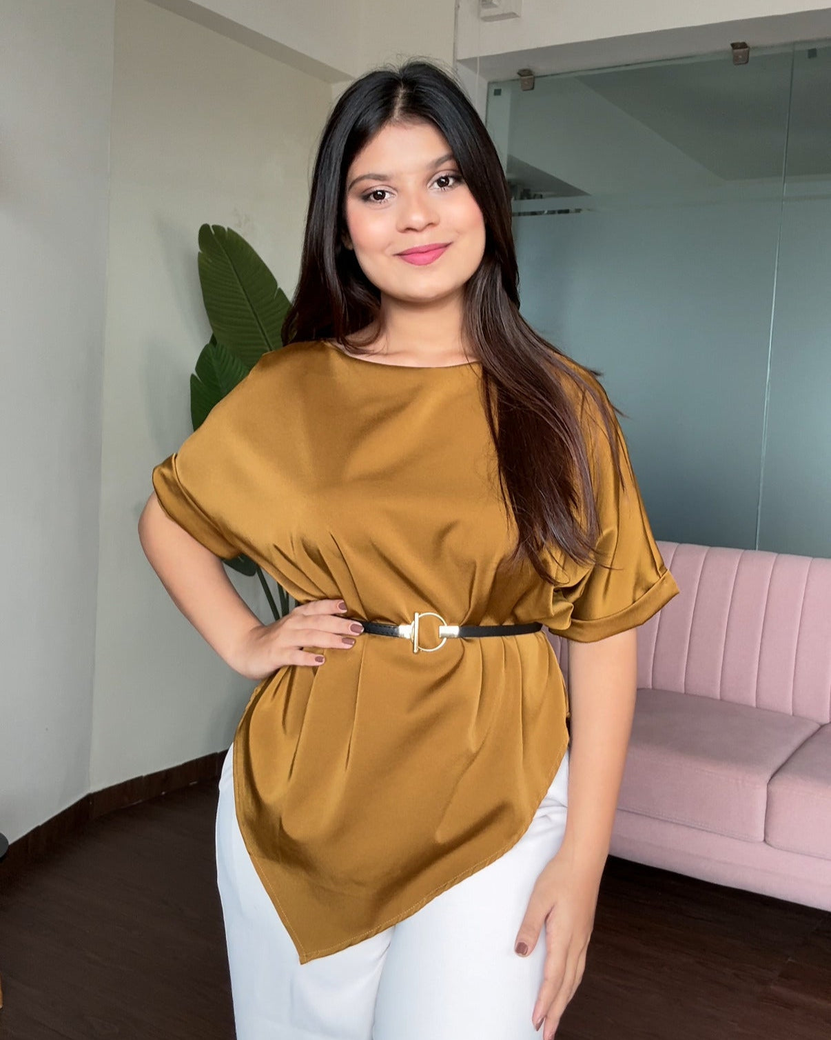 V Hem Cut Sleeve Blouse With Belt