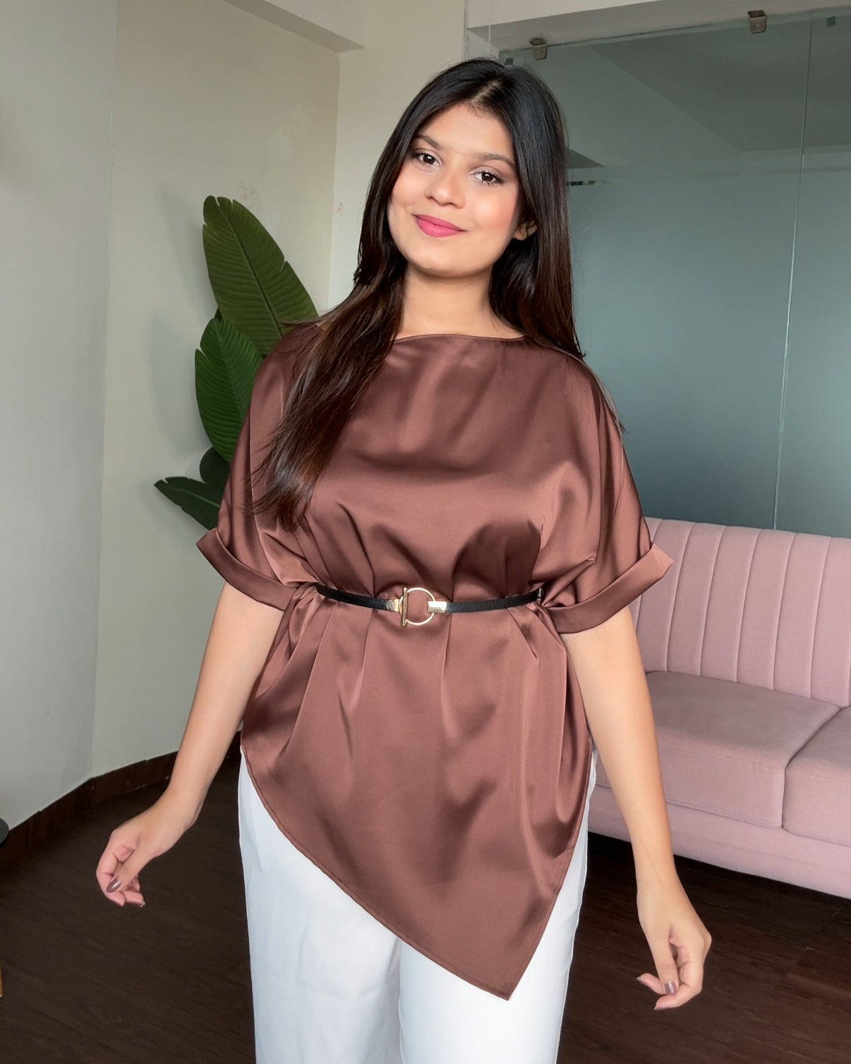 V Hem Cut Sleeve Blouse With Belt