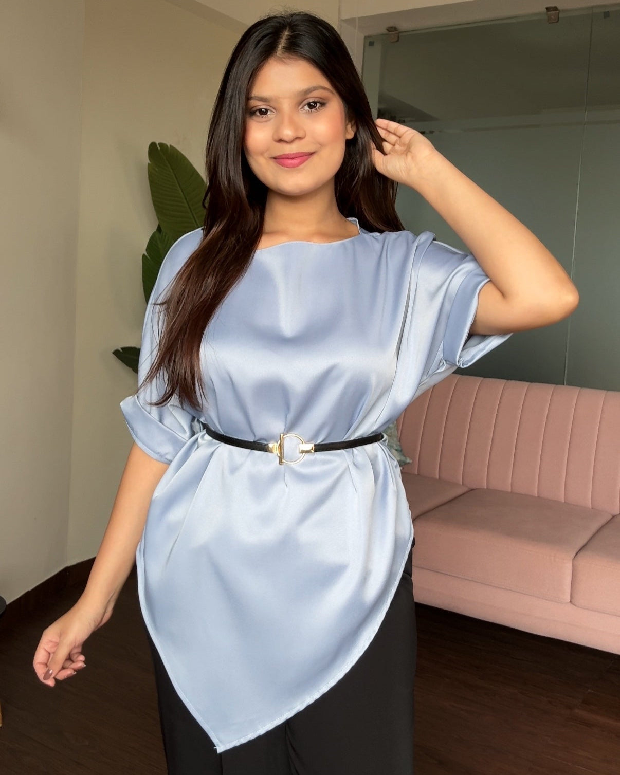 V Hem Cut Sleeve Blouse With Belt