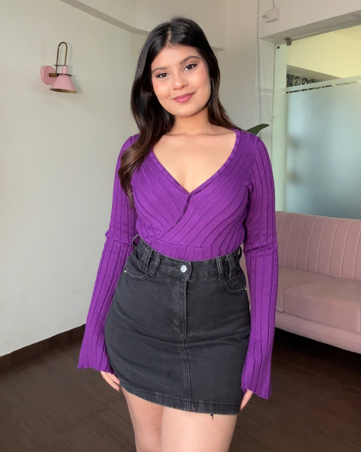 V Neck Bell Sleeve Knitted Top