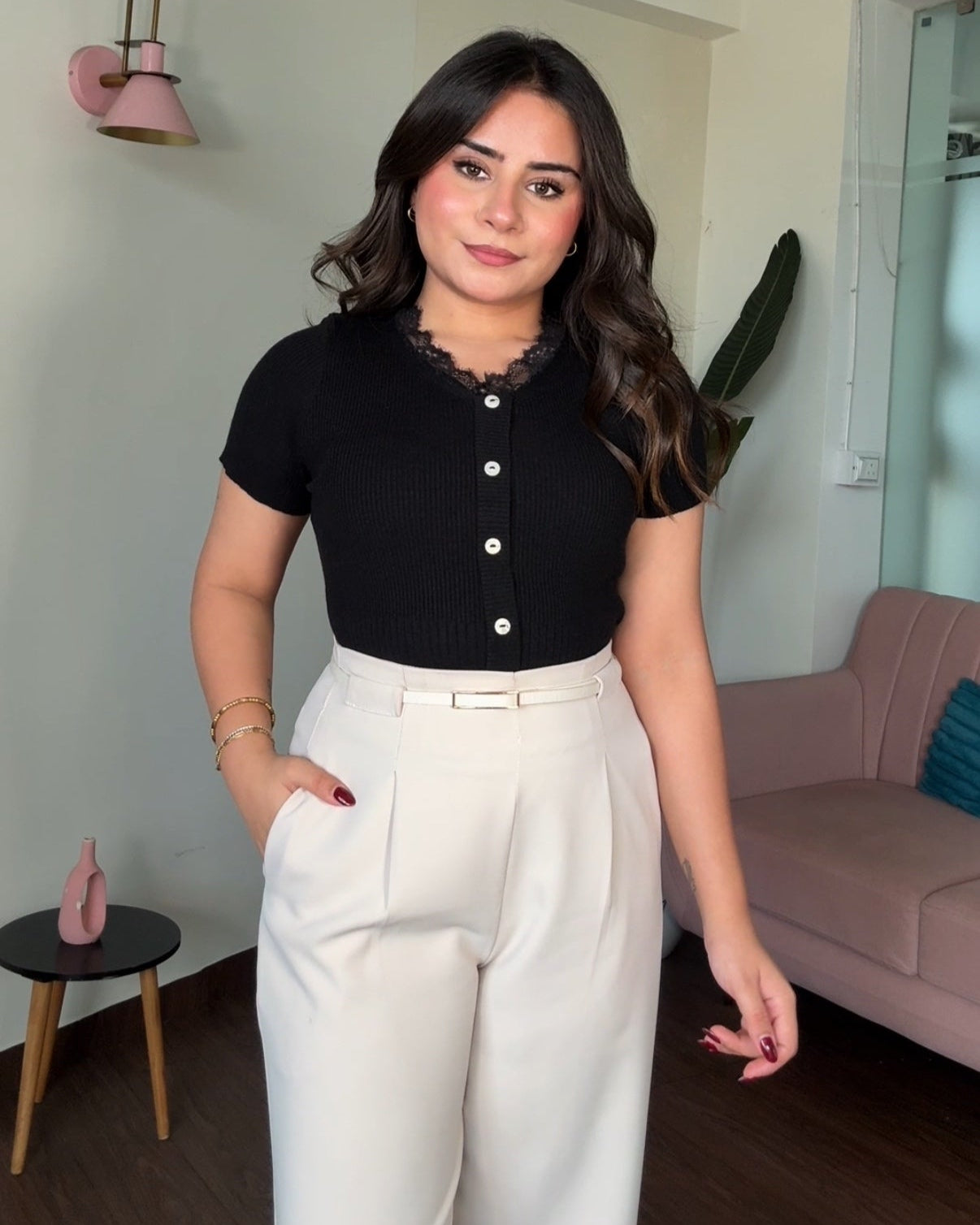 V Neck Button Up Detailing Ribbed Top With Lacy Collar