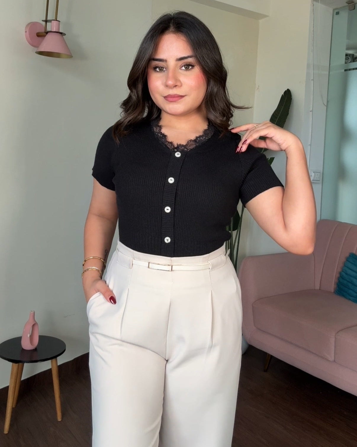 V Neck Button Up Detailing Ribbed Top With Lacy Collar