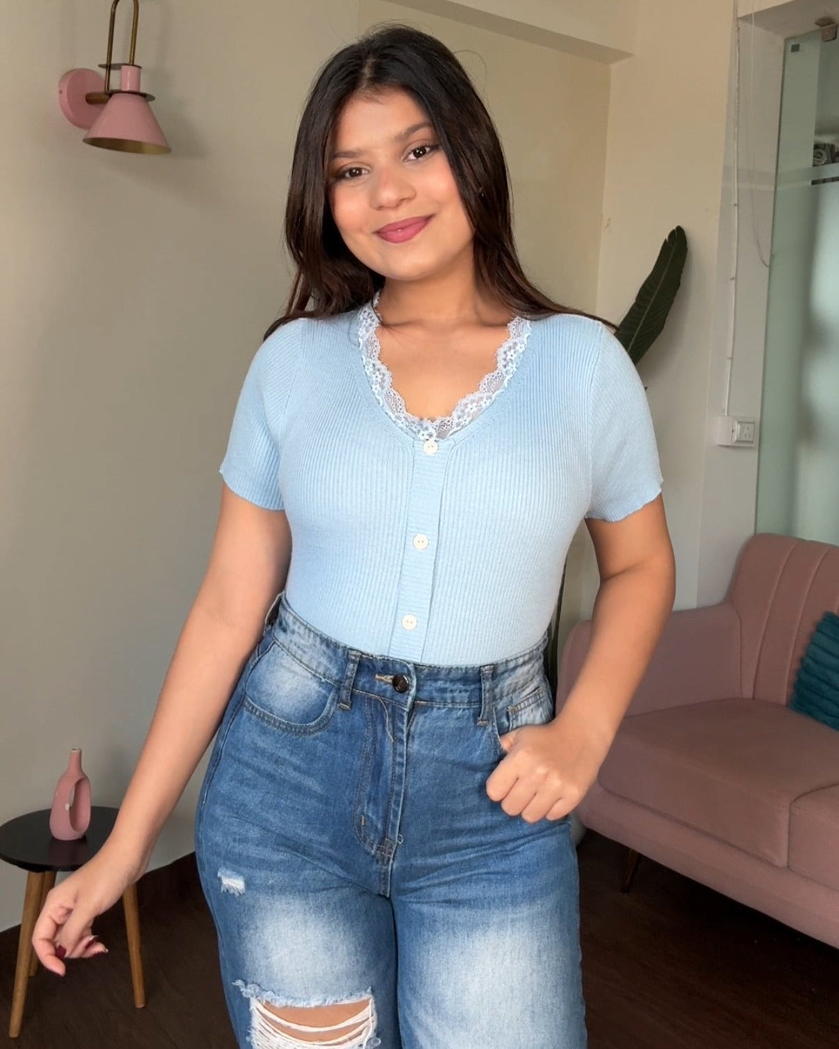 V Neck Button Up Detailing Ribbed Top With Lacy Collar