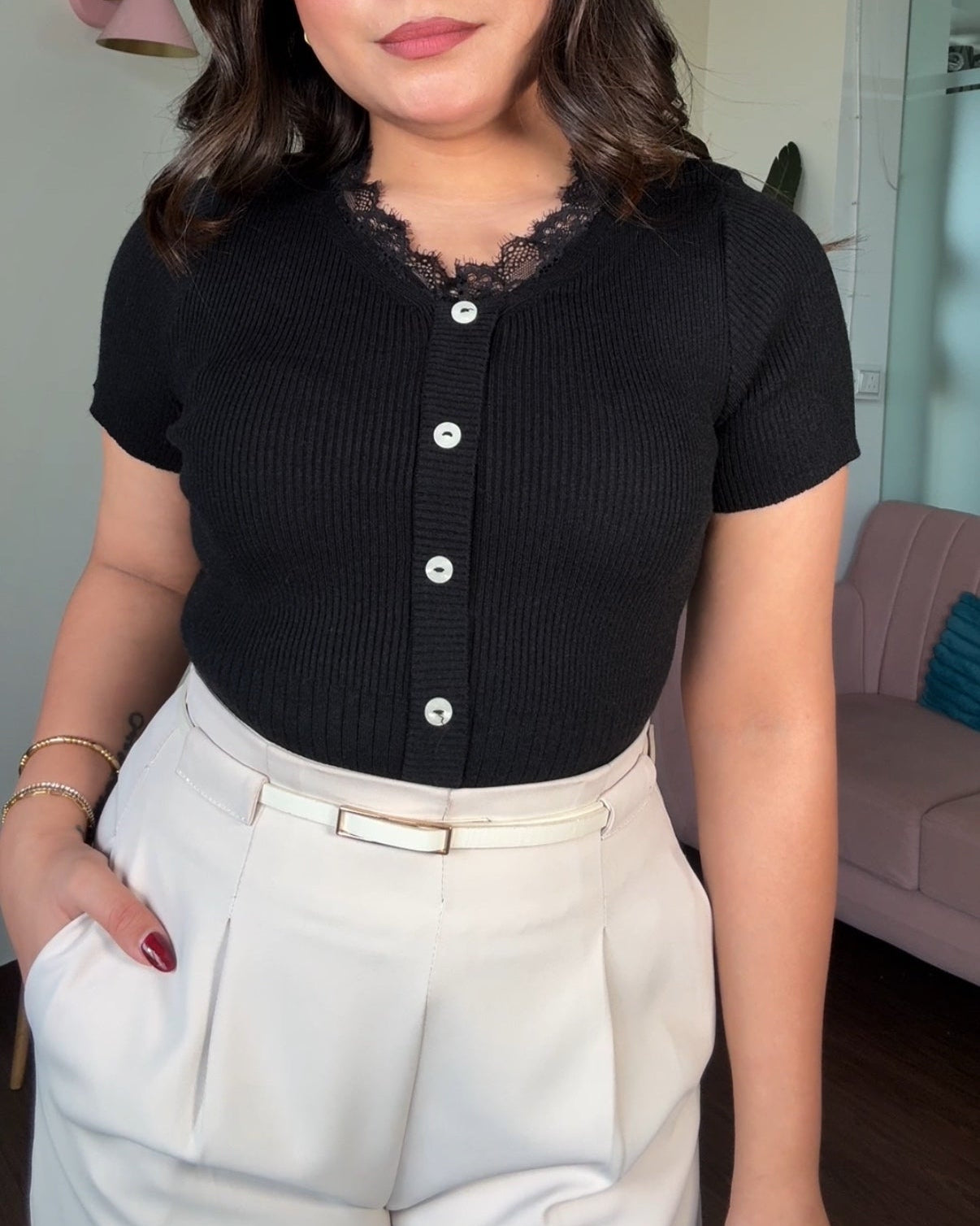 V Neck Button Up Detailing Ribbed Top With Lacy Collar