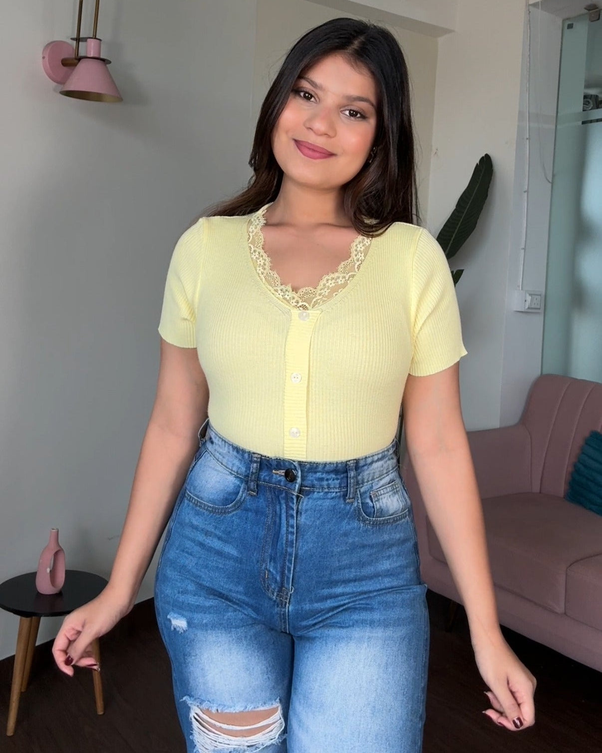 V Neck Button Up Detailing Ribbed Top With Lacy Collar