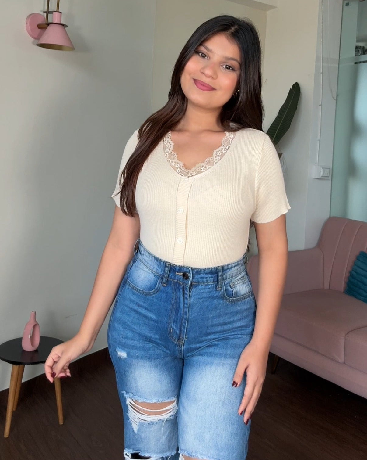 V Neck Button Up Detailing Ribbed Top With Lacy Collar