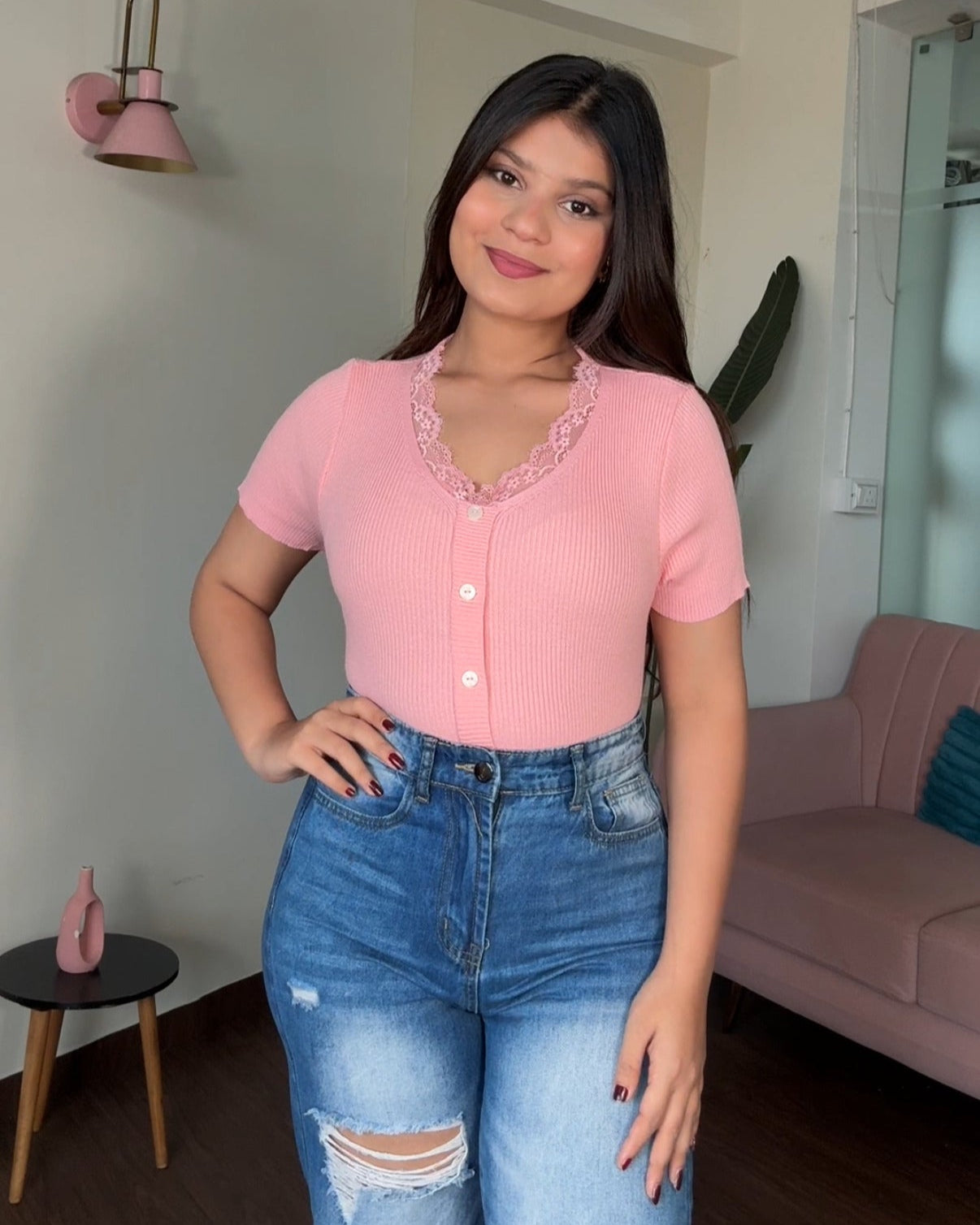 V Neck Button Up Detailing Ribbed Top With Lacy Collar