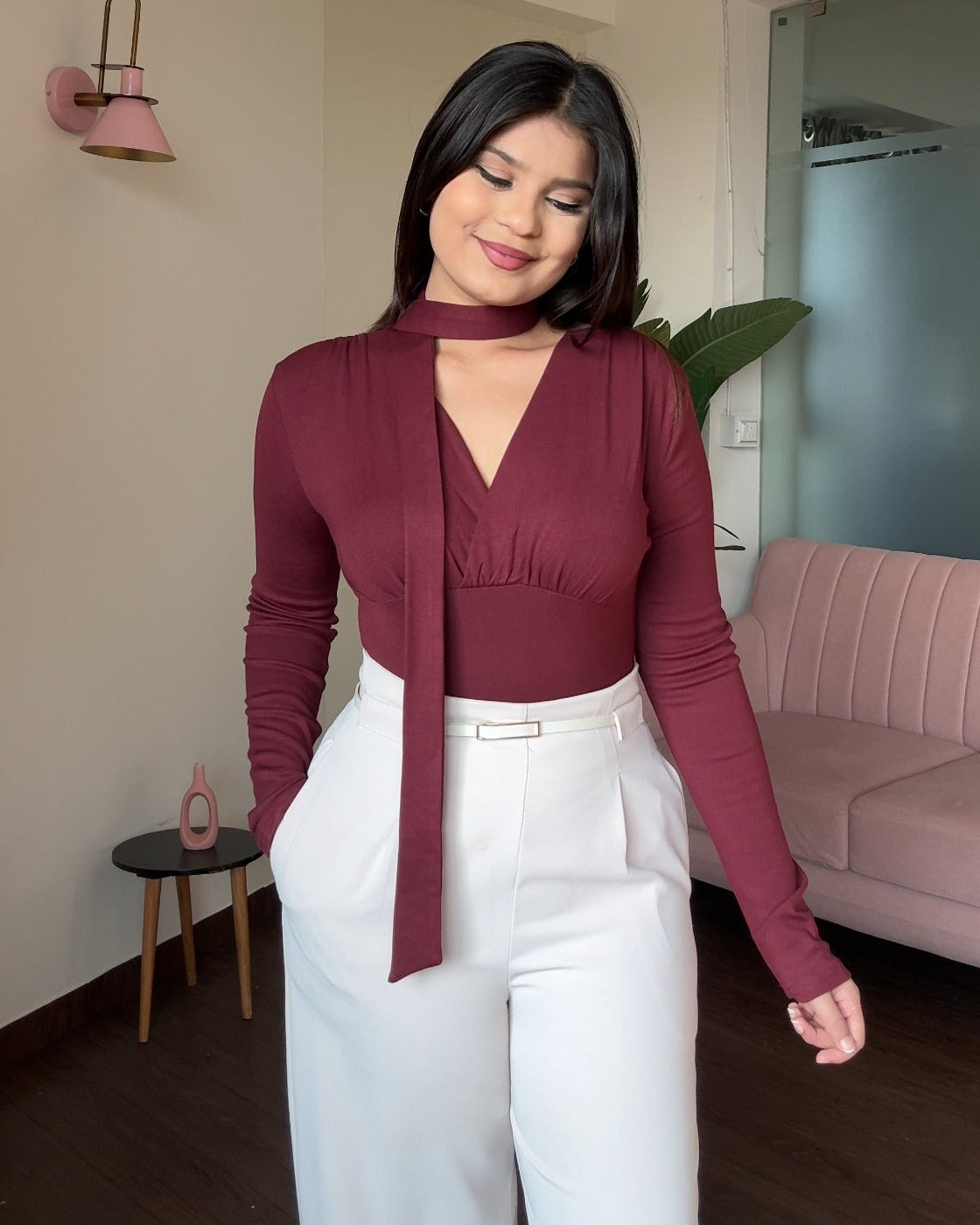 V Neck Fitted Full Sleeve Top With Tie Up Scarf