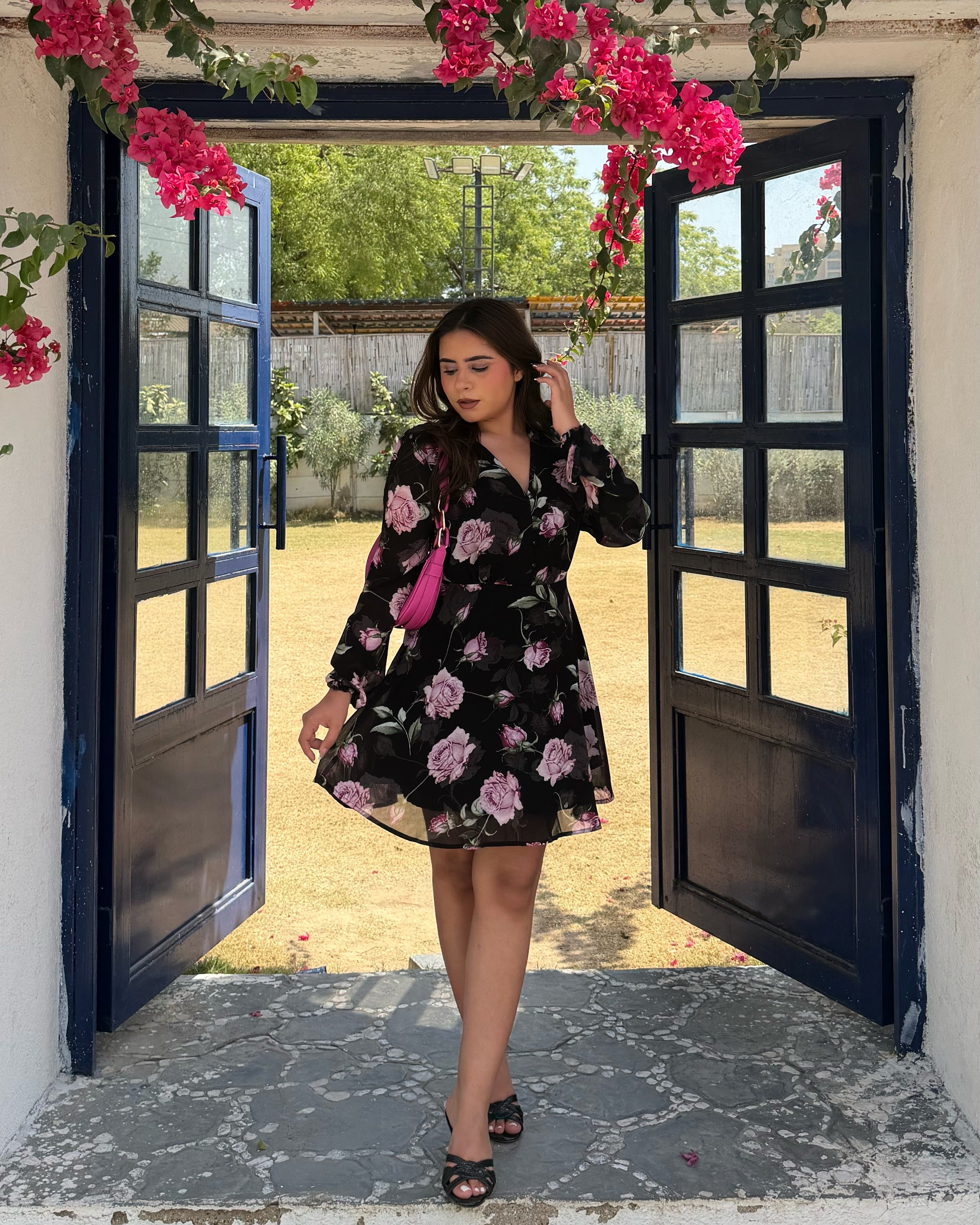 V Neck Floral Chiffon Mini Dress