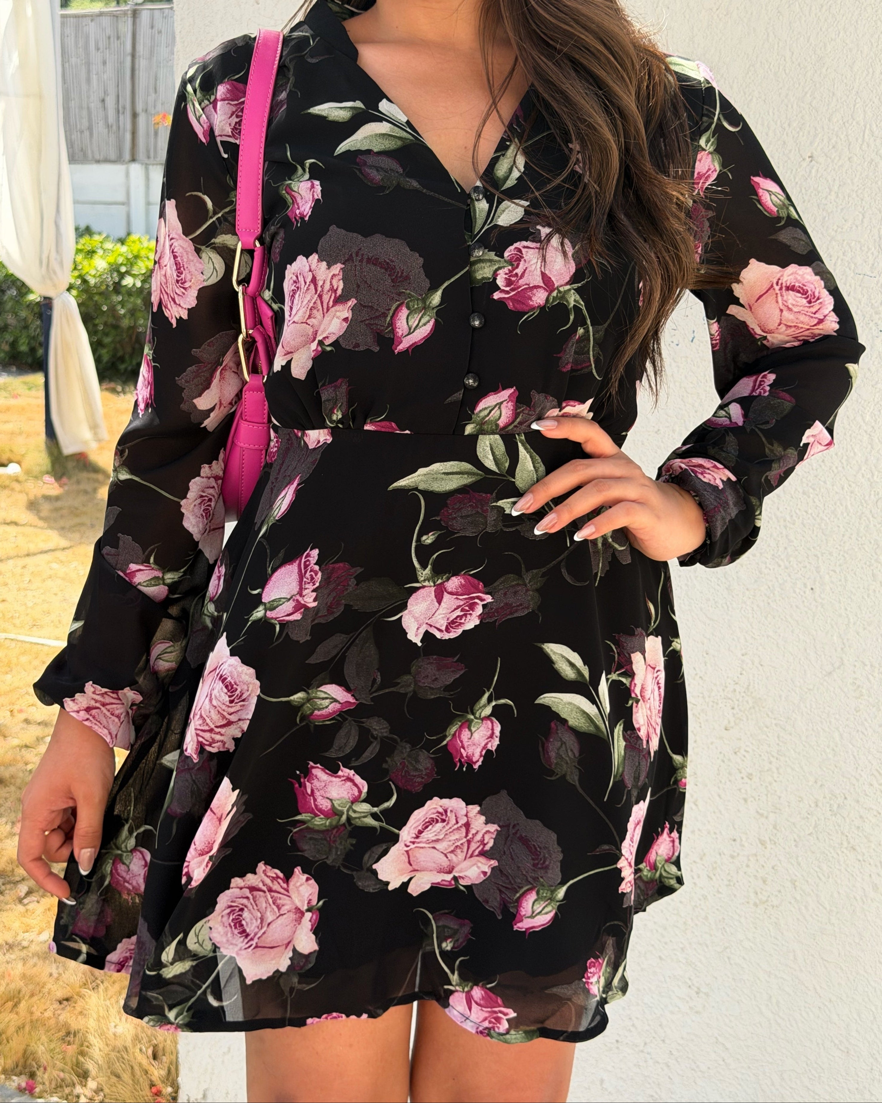 V Neck Floral Chiffon Mini Dress