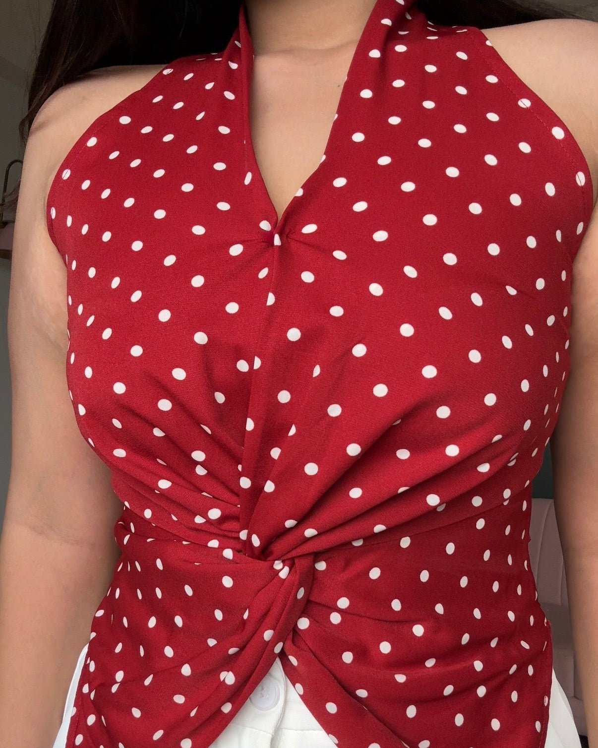 V Neck Knot Detailing Polka Dot Top