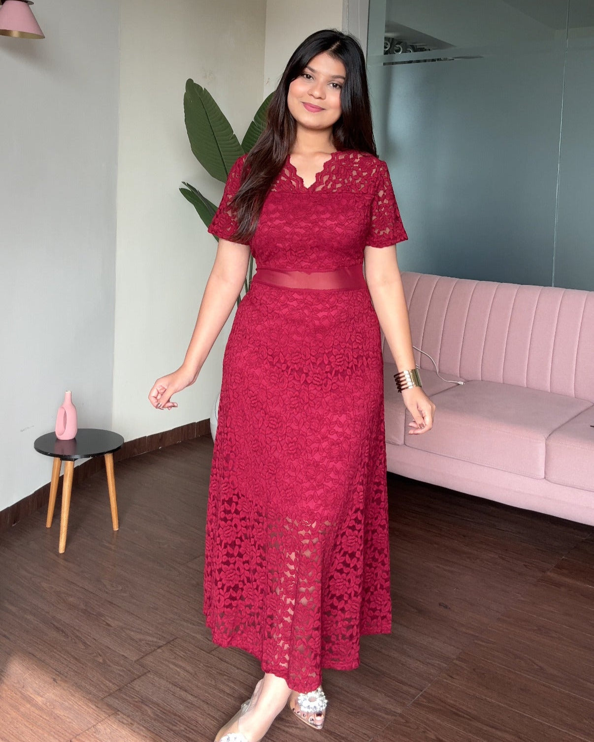V Neck Mesh Cut Out Lacy Dress