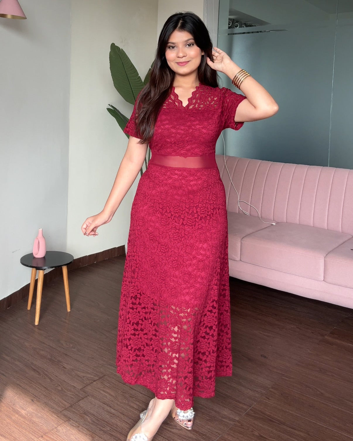 V Neck Mesh Cut Out Lacy Dress