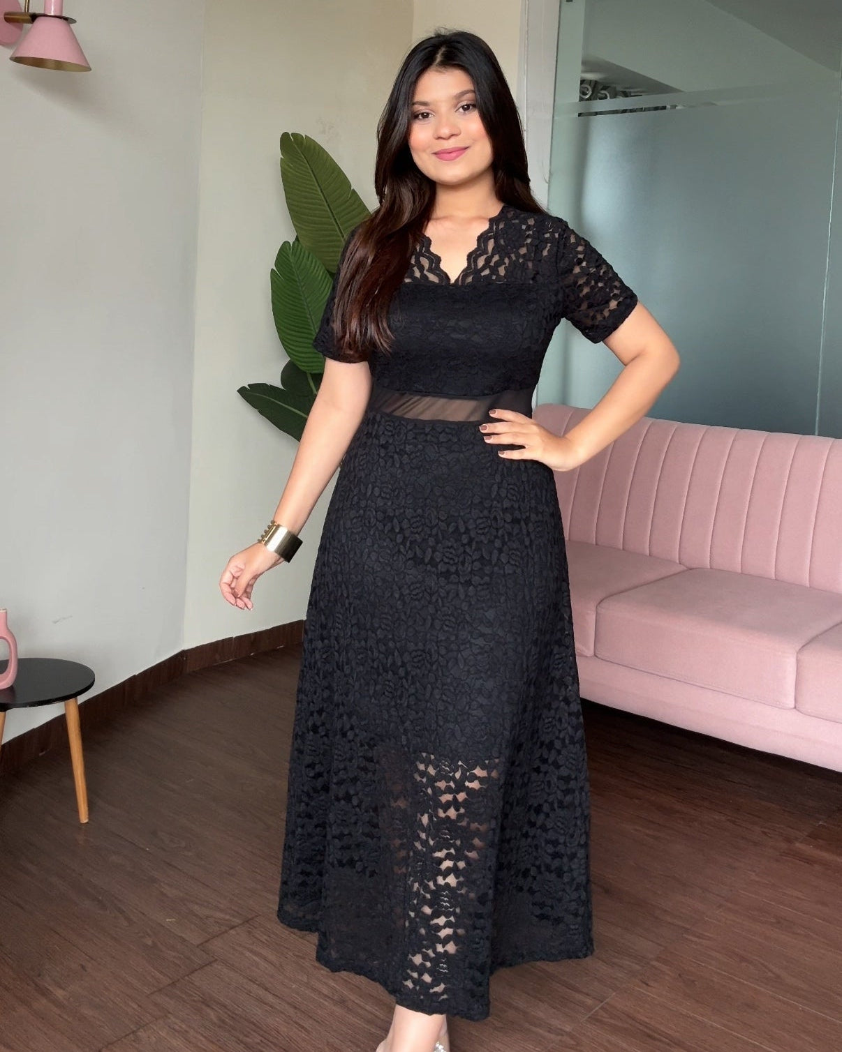 V Neck Mesh Cut Out Lacy Dress