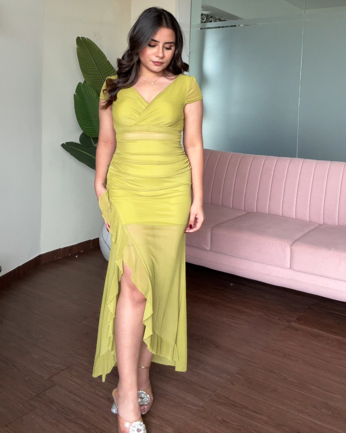 V Neck Mesh Cut Out Ruffle Slit Dress