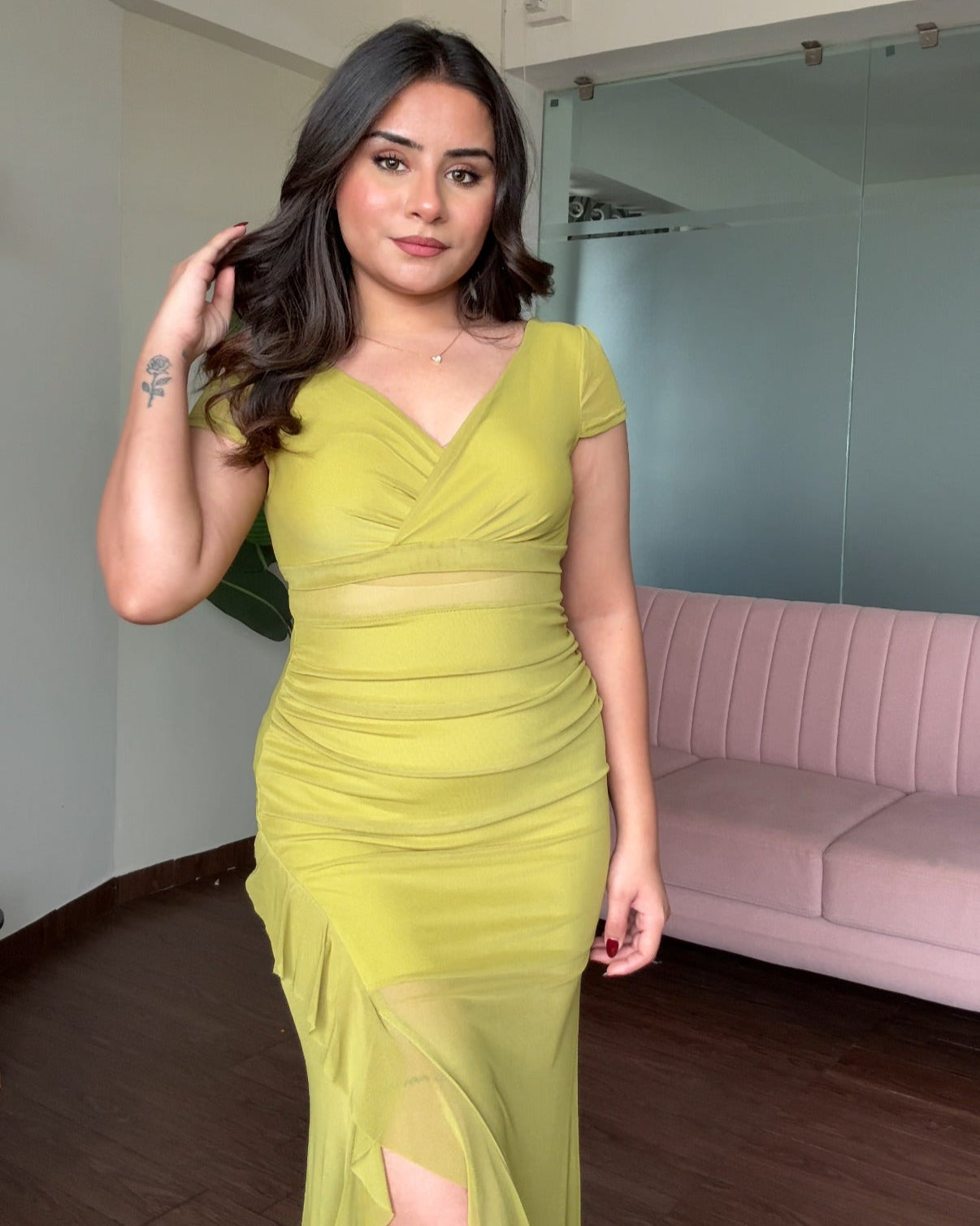 V Neck Mesh Cut Out Ruffle Slit Dress