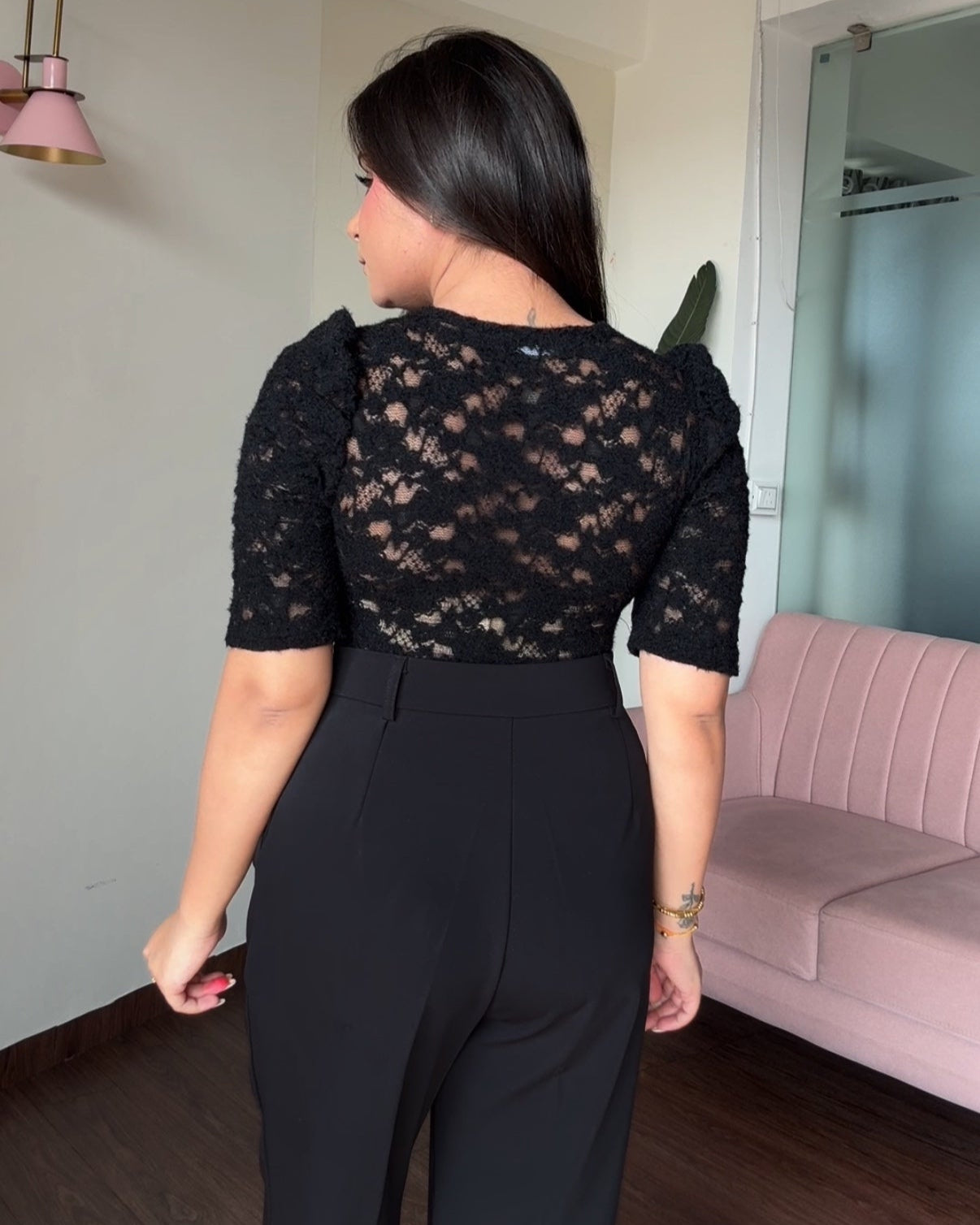 V Neck Mesh Padded Puff Sleeve Sheer Top