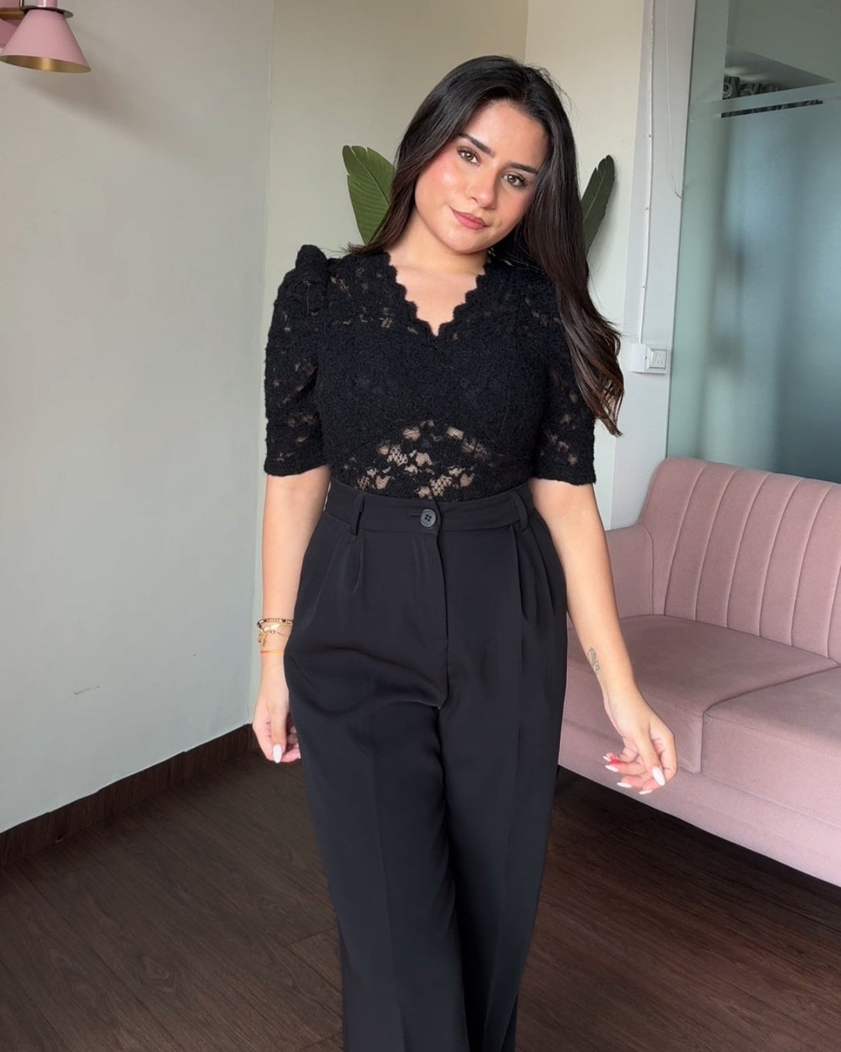 V Neck Mesh Padded Puff Sleeve Sheer Top