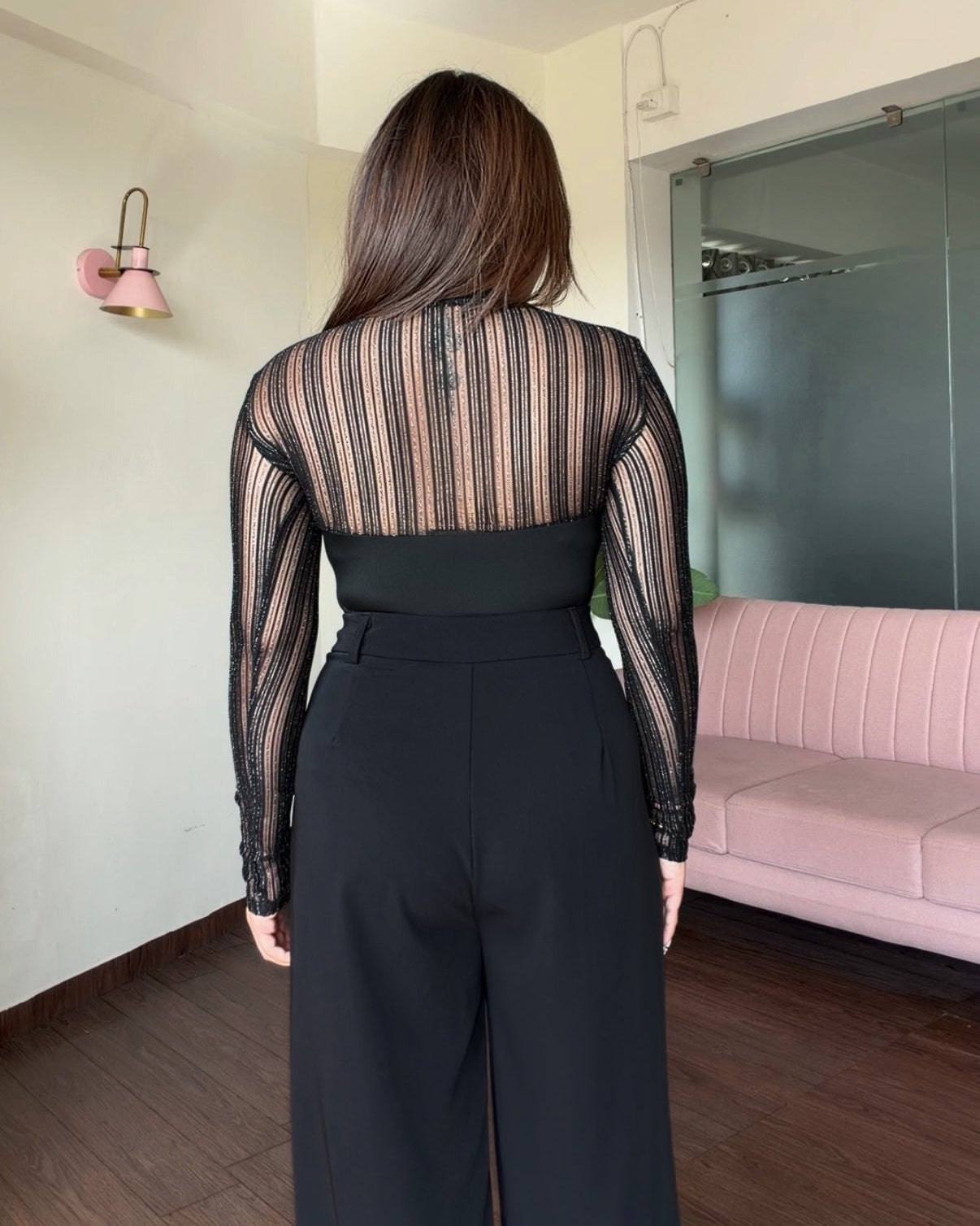 V Neck Net Detailing Shimmer Bodysuit