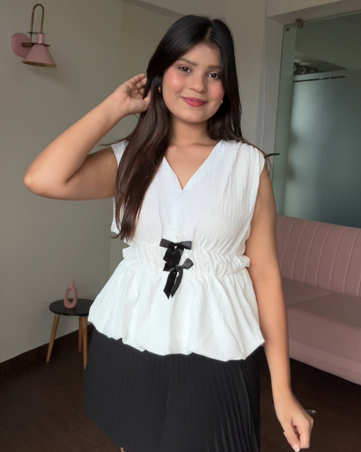 V Neck Peplum Bow Detail Top