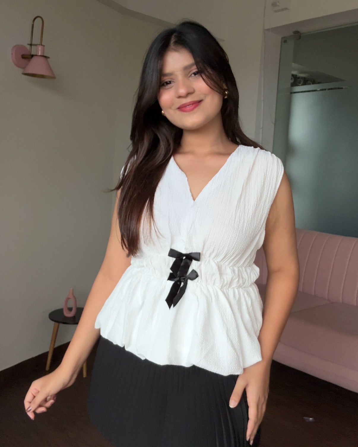 V Neck Peplum Bow Detail Top