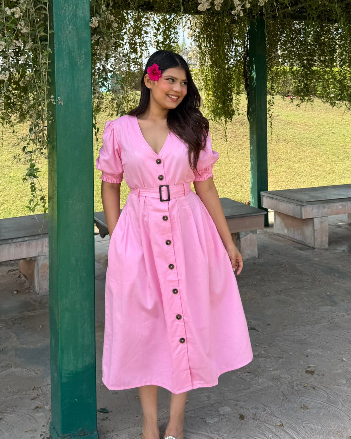 V Neck Puff Sleeve Belted Summer Dress