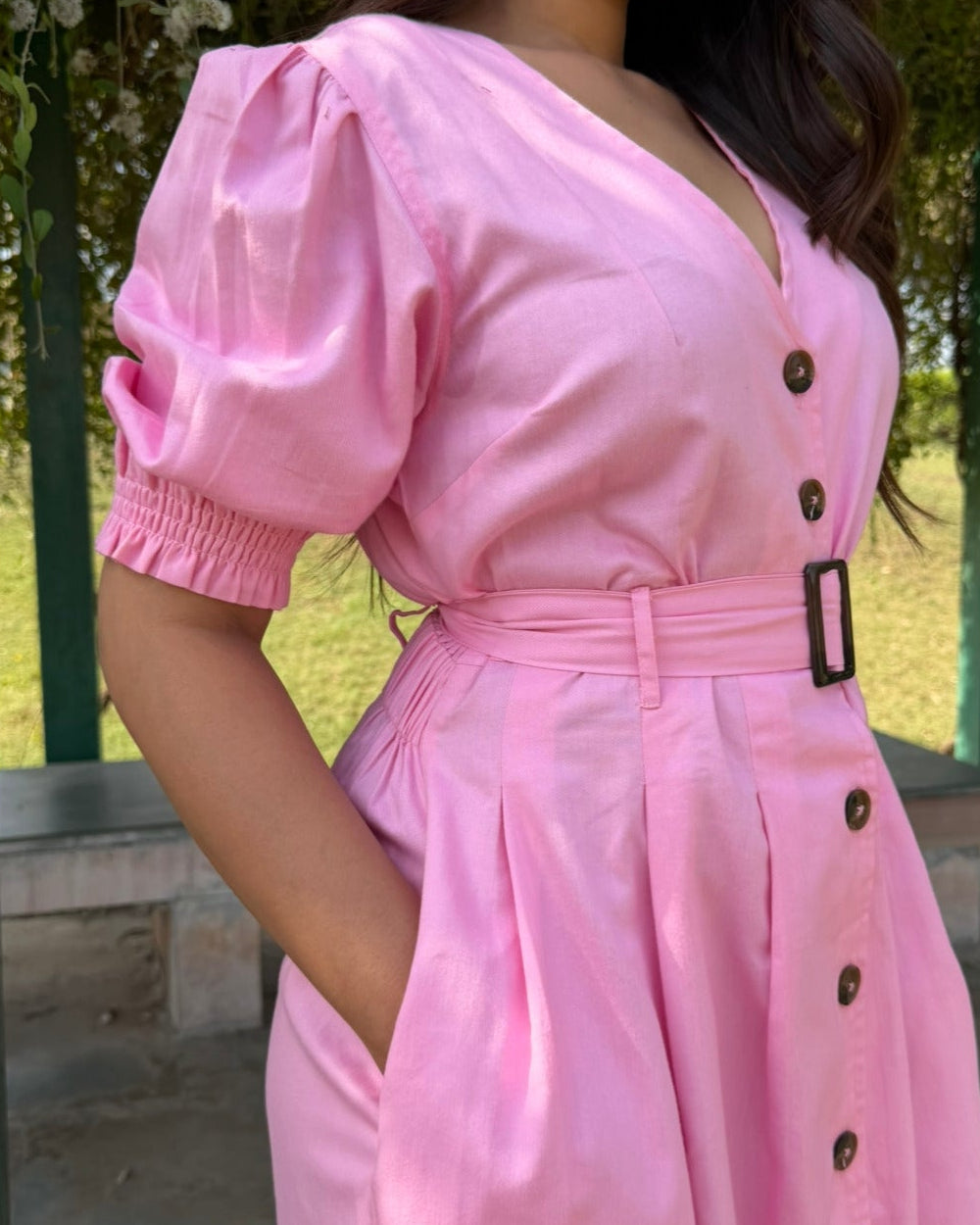 V Neck Puff Sleeve Belted Summer Dress
