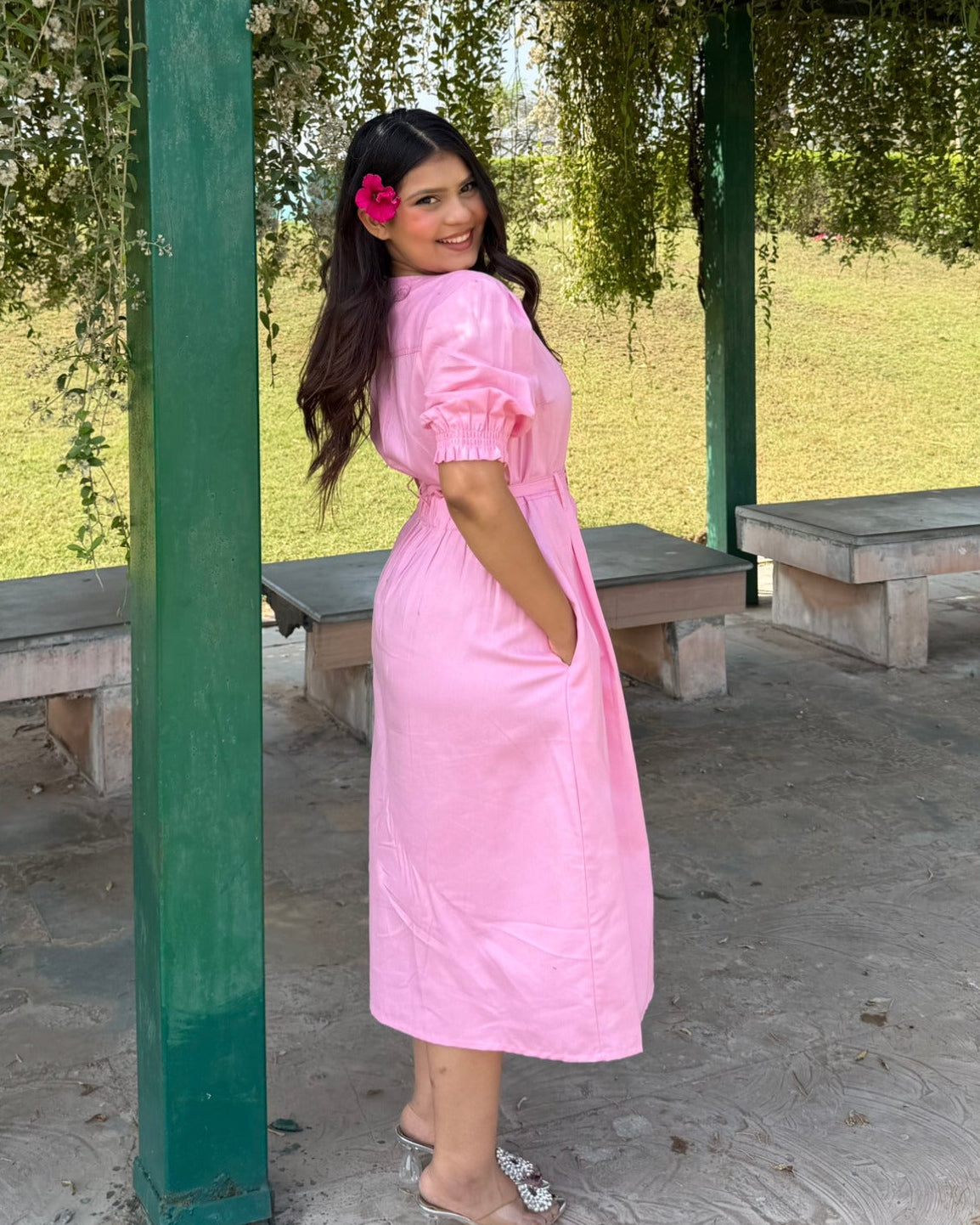 V Neck Puff Sleeve Belted Summer Dress