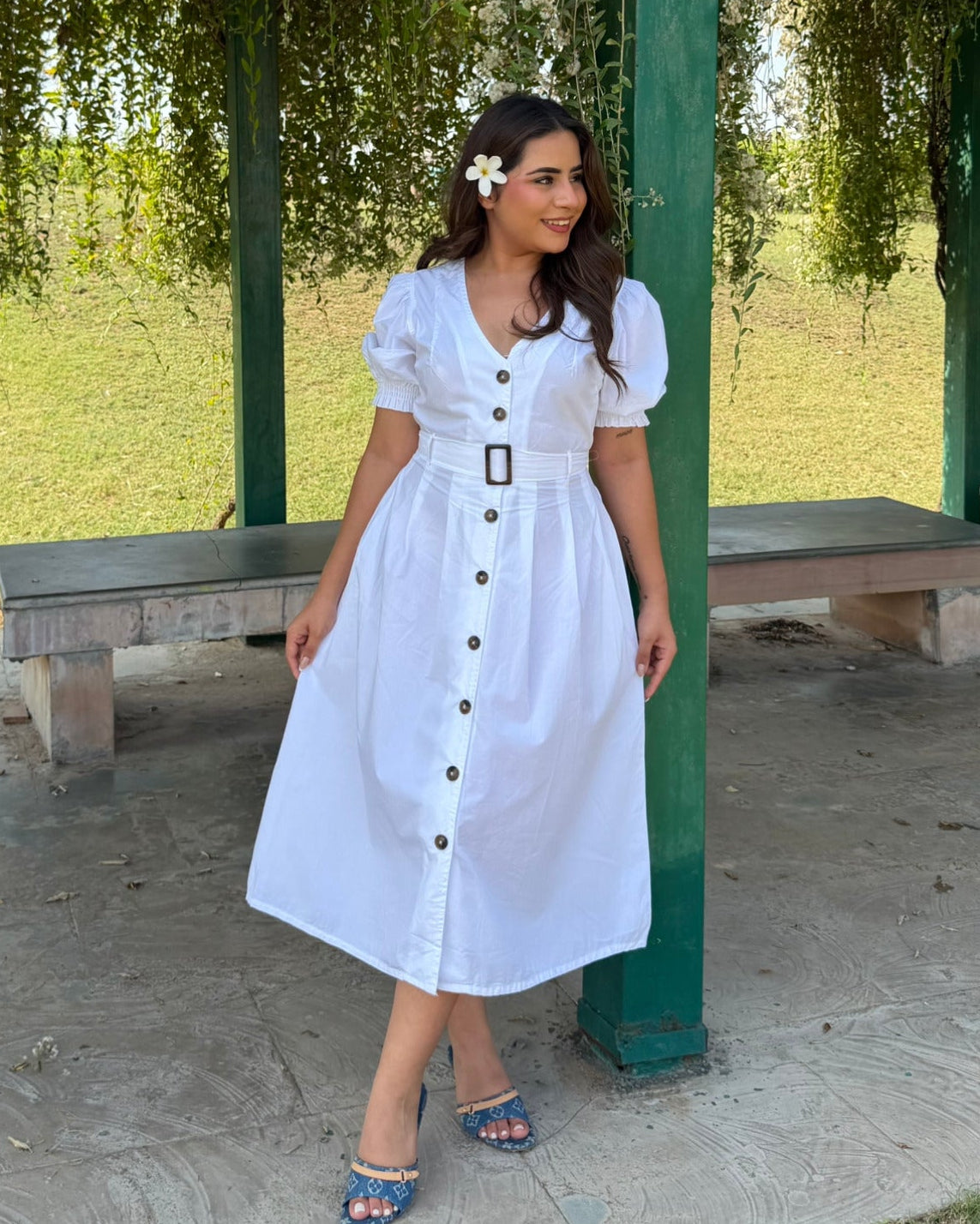 V Neck Puff Sleeve Belted Summer Dress