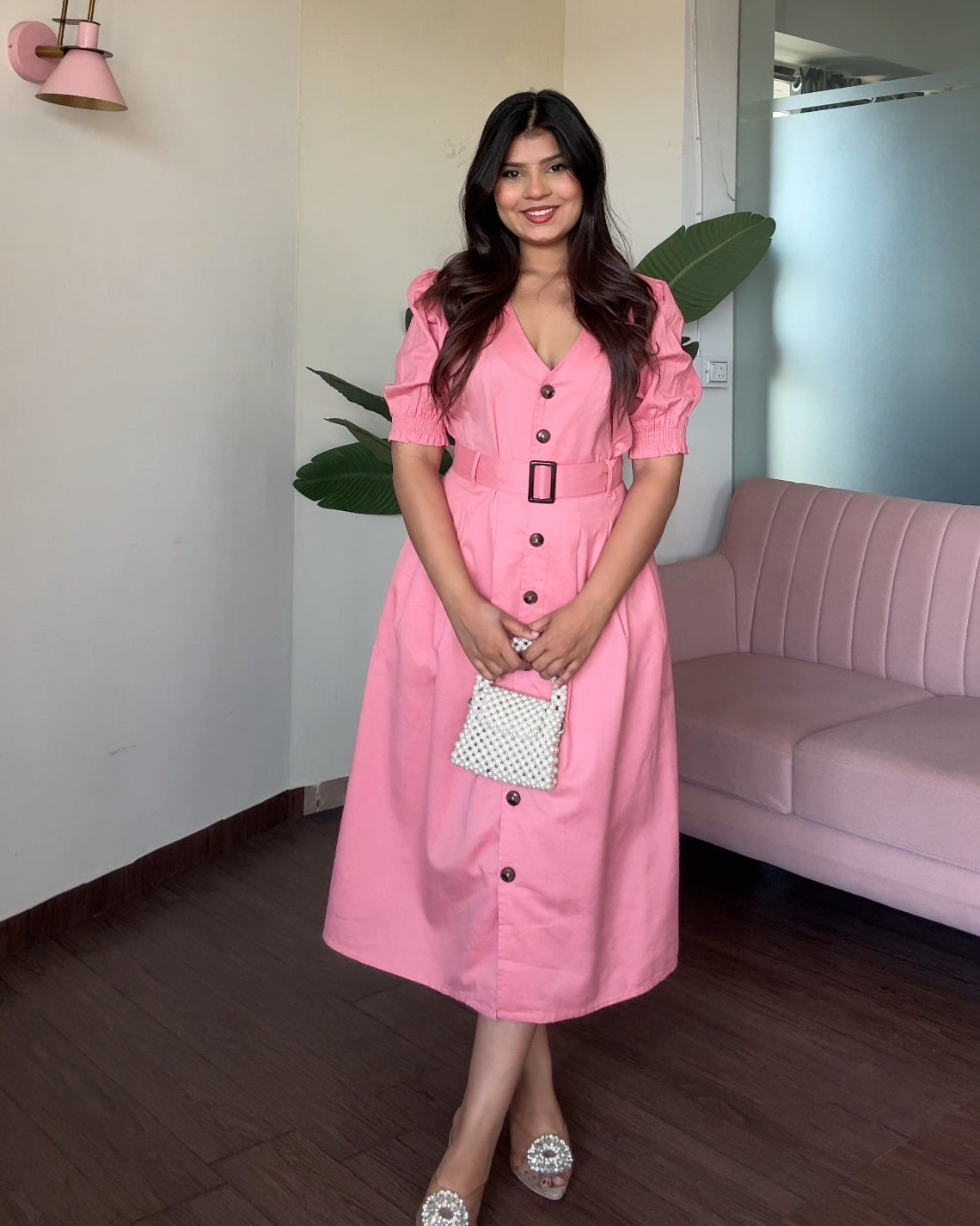 V Neck Puff Sleeve Belted Summer Dress
