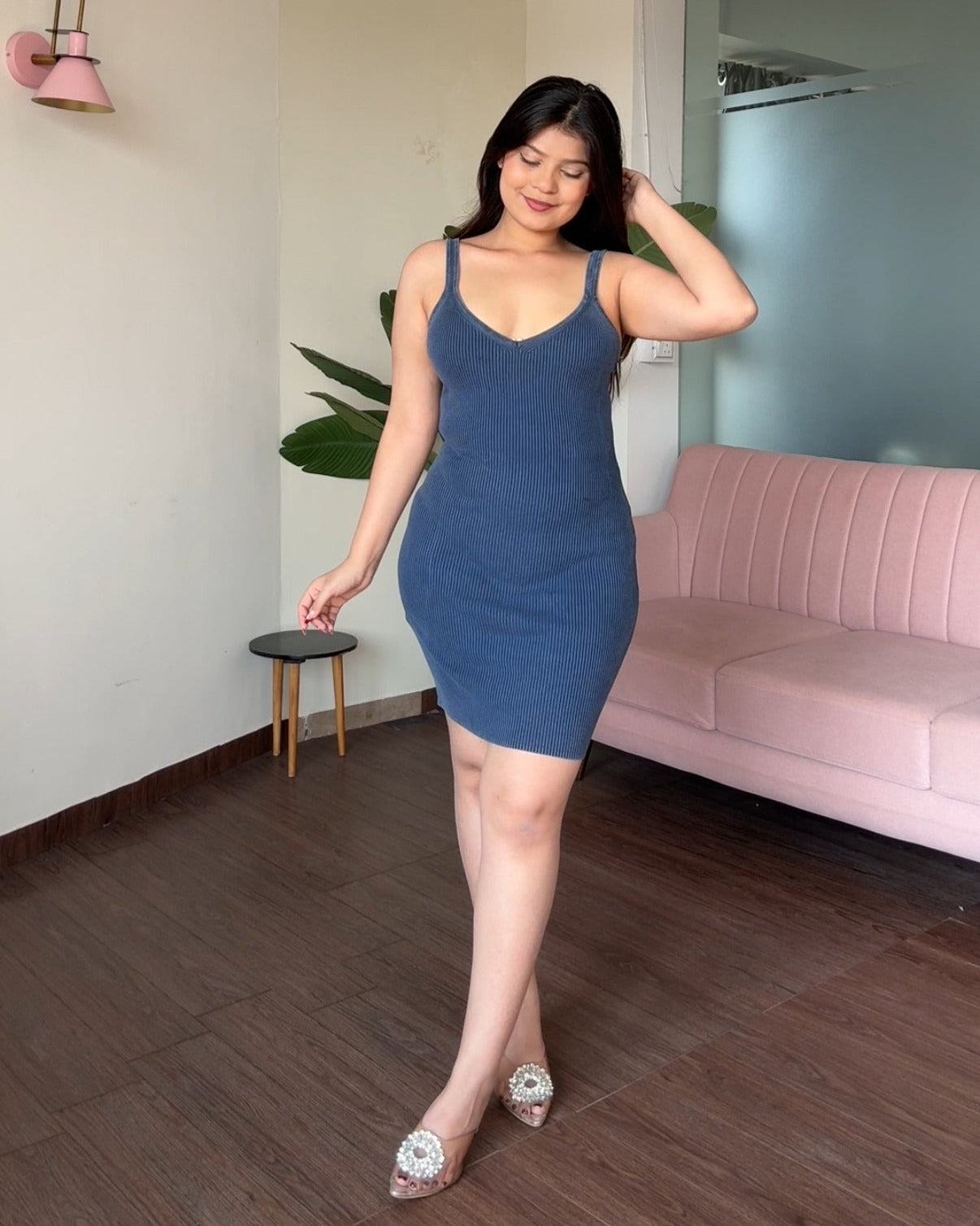 V Neck Ribbed Bodycon Mini Dress