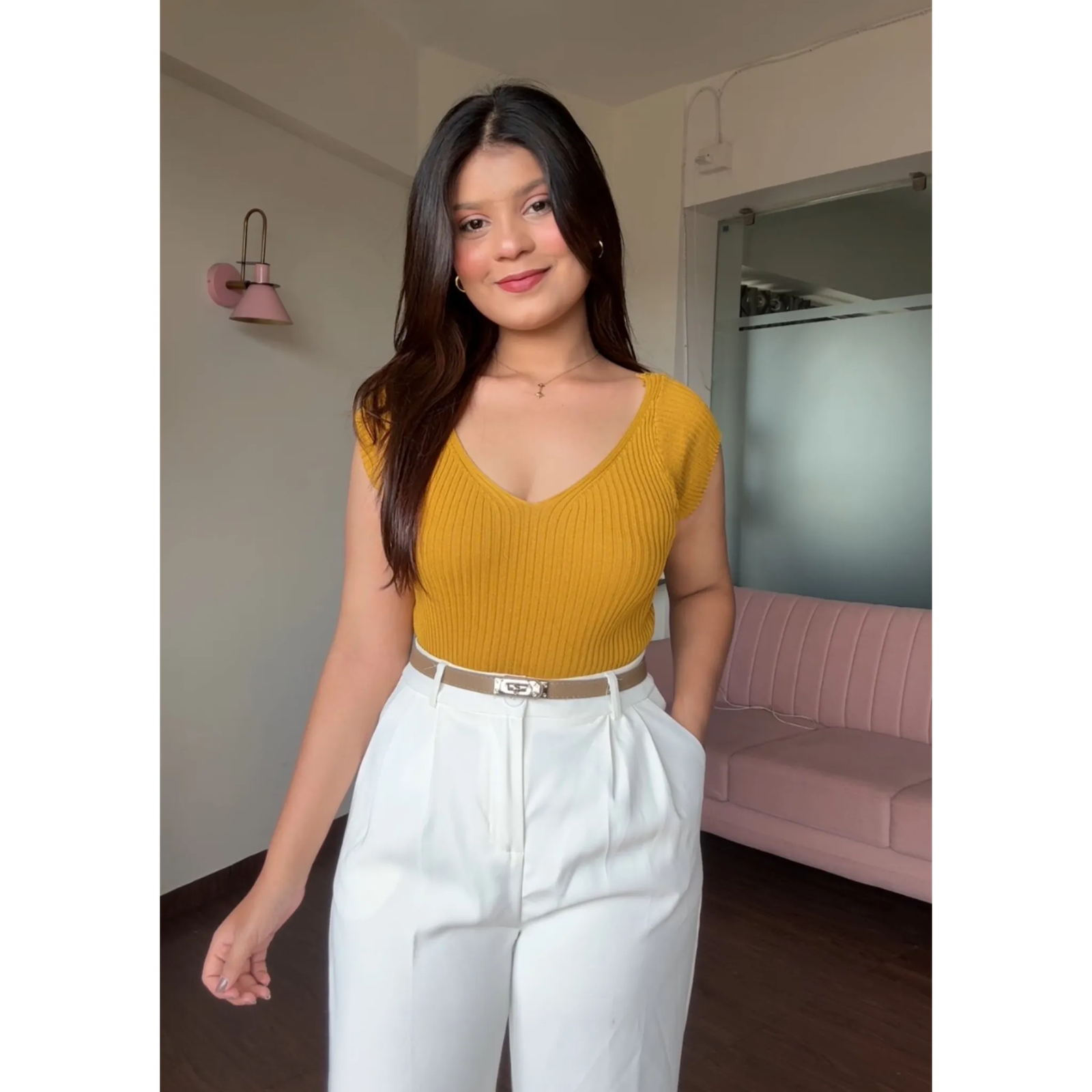 V Neck Ribbed Top With Belt