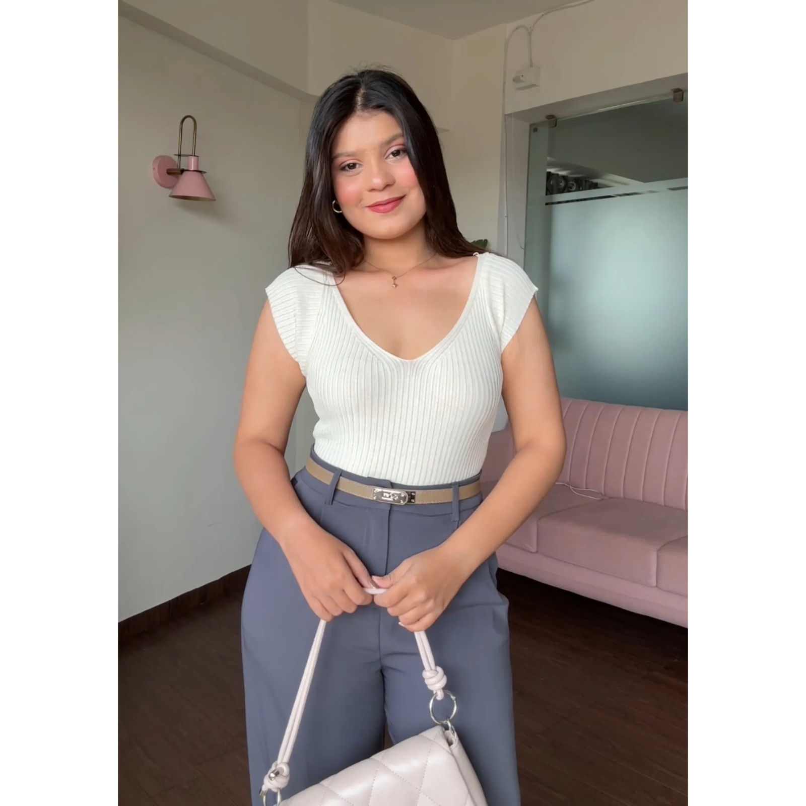 V Neck Ribbed Top With Belt