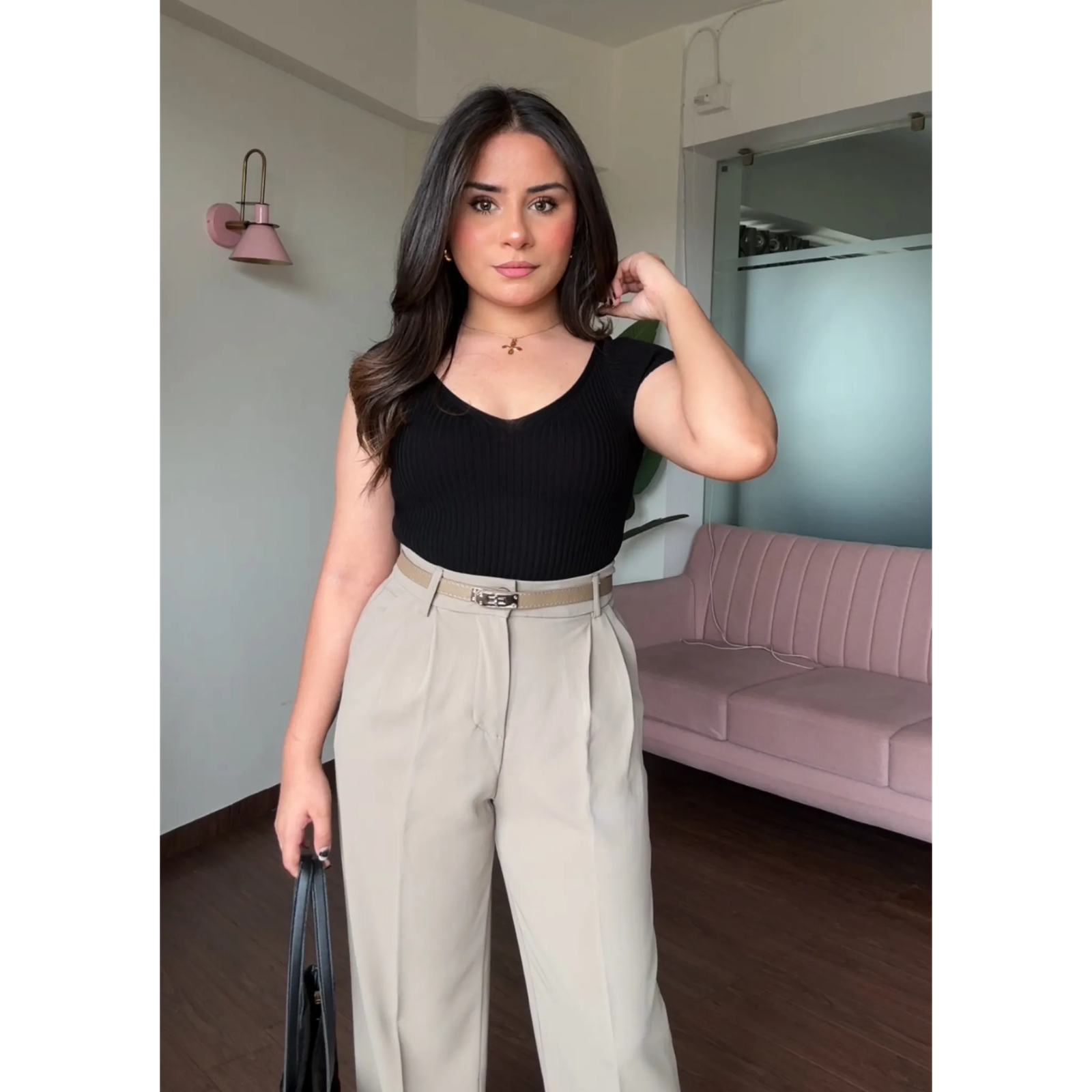 V Neck Ribbed Top With Belt