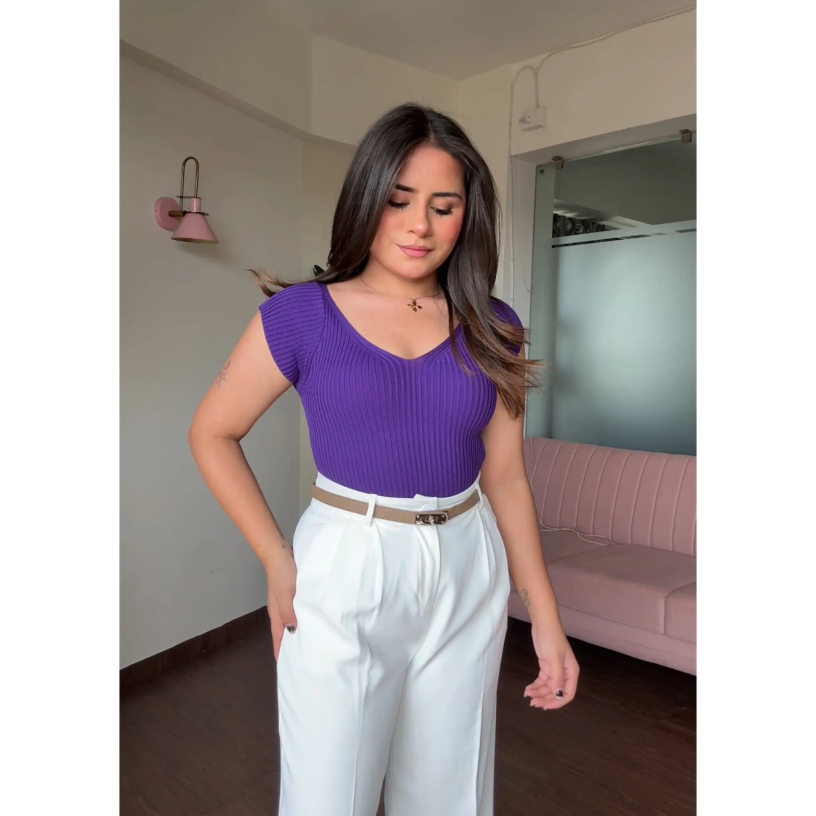 V Neck Ribbed Top With Belt